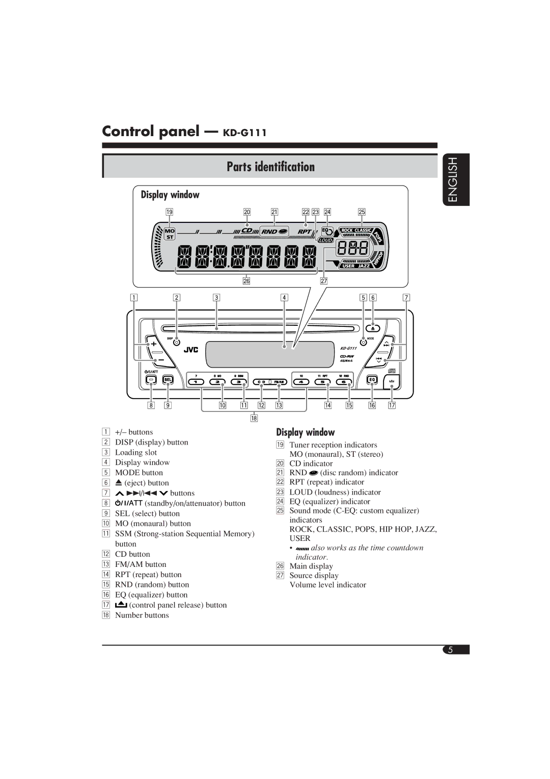 JVC GET0253-003A manual Control panel KD-G111 