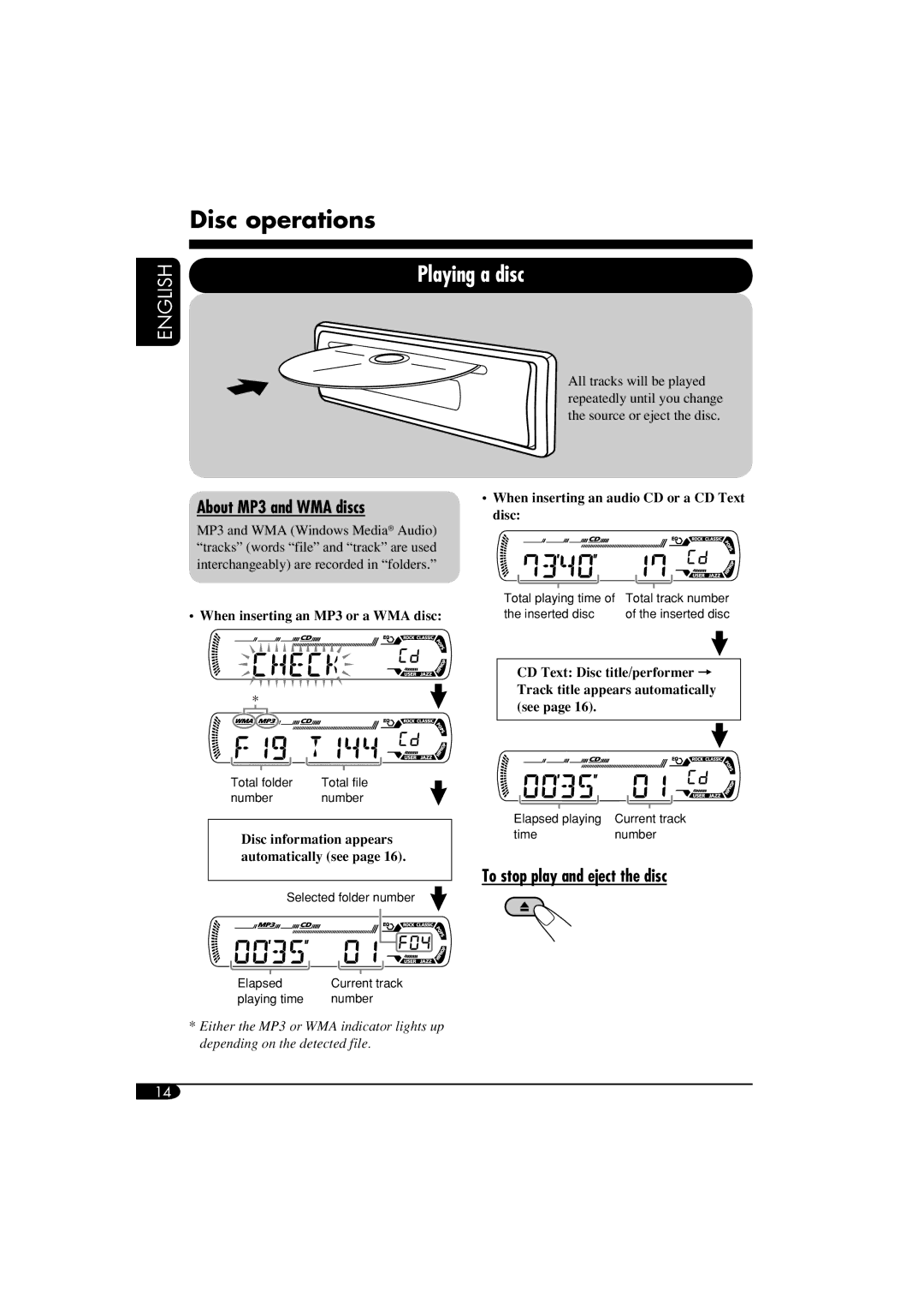 JVC GET0260-003B manual Disc operations, About MP3 and WMA discs, To stop play and eject the disc 