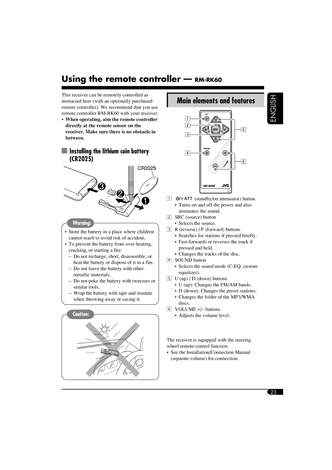 JVC GET0260-003B manual Using the remote controller RM-RK60, Installing the lithium coin battery CR2025 