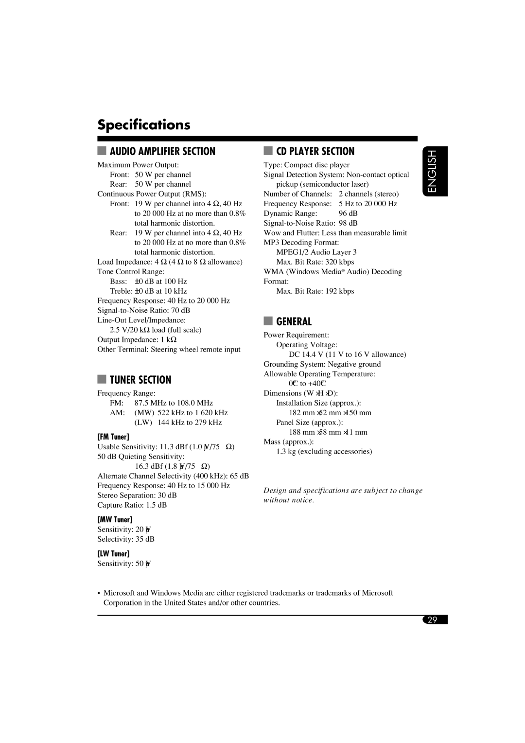 JVC GET0260-003B manual Specifications, Audio Amplifier Section 