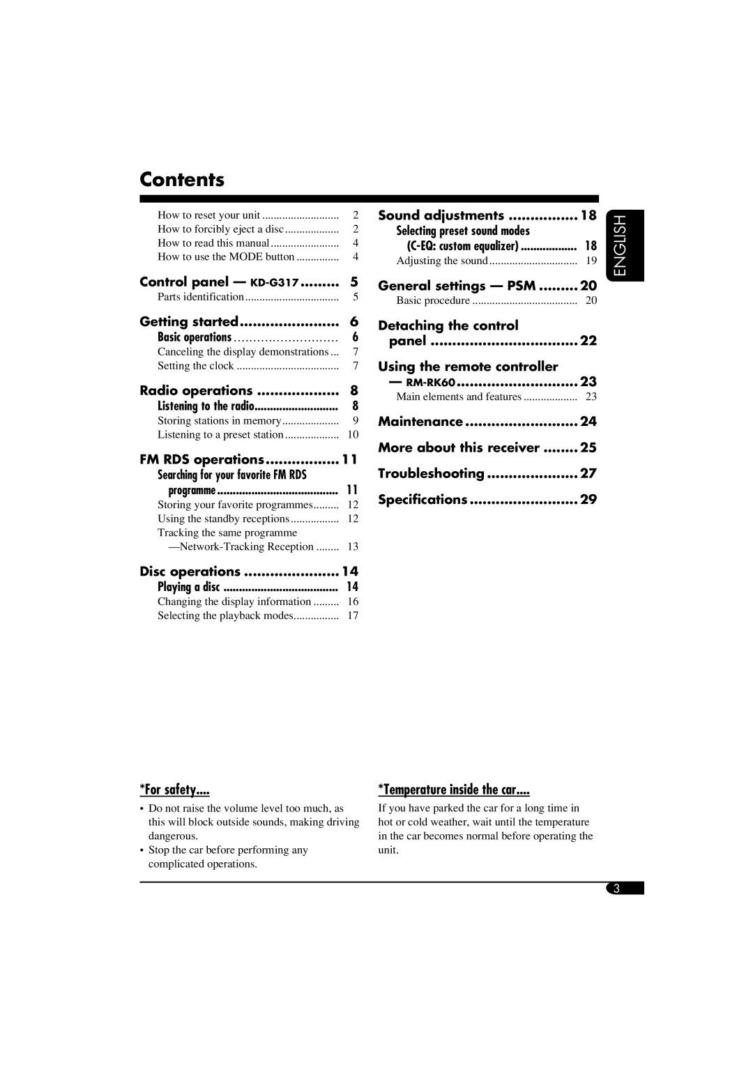 JVC GET0260-003B manual Contents, Control panel KD-G317 