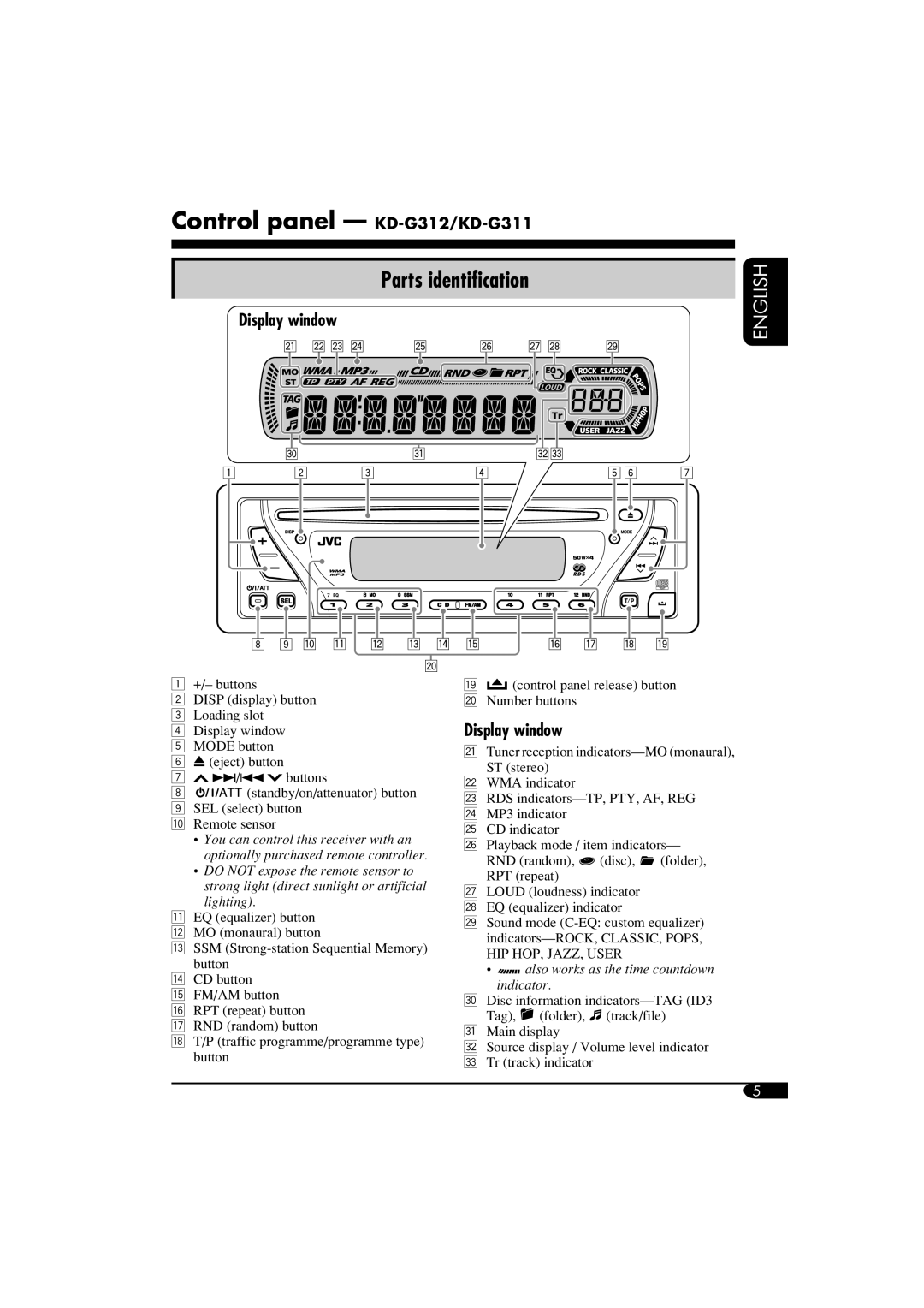 JVC GET0260-003B manual Control panel KD-G312/KD-G311, Display window 