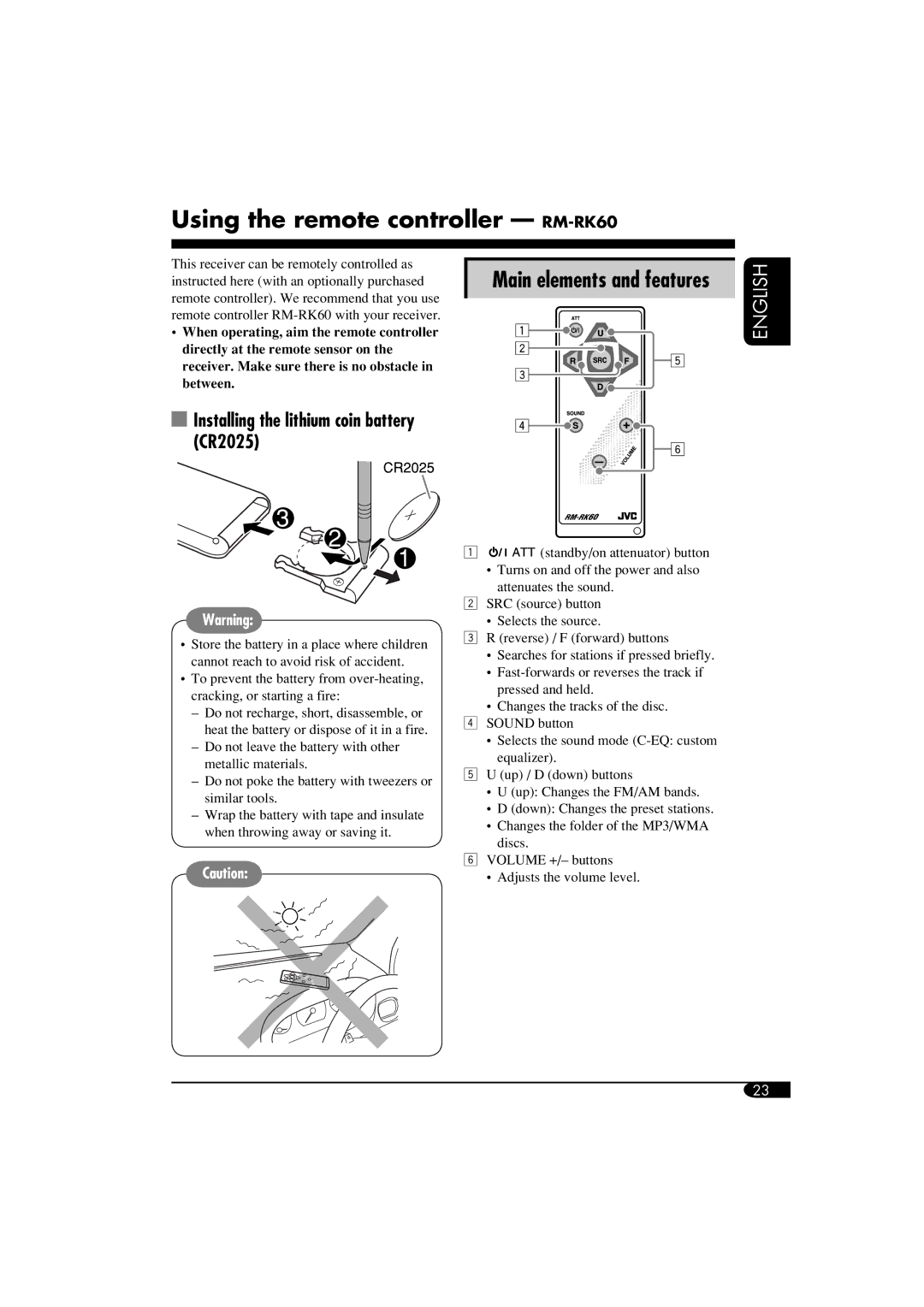 JVC GET0260-003B manual Using the remote controller RM-RK60 