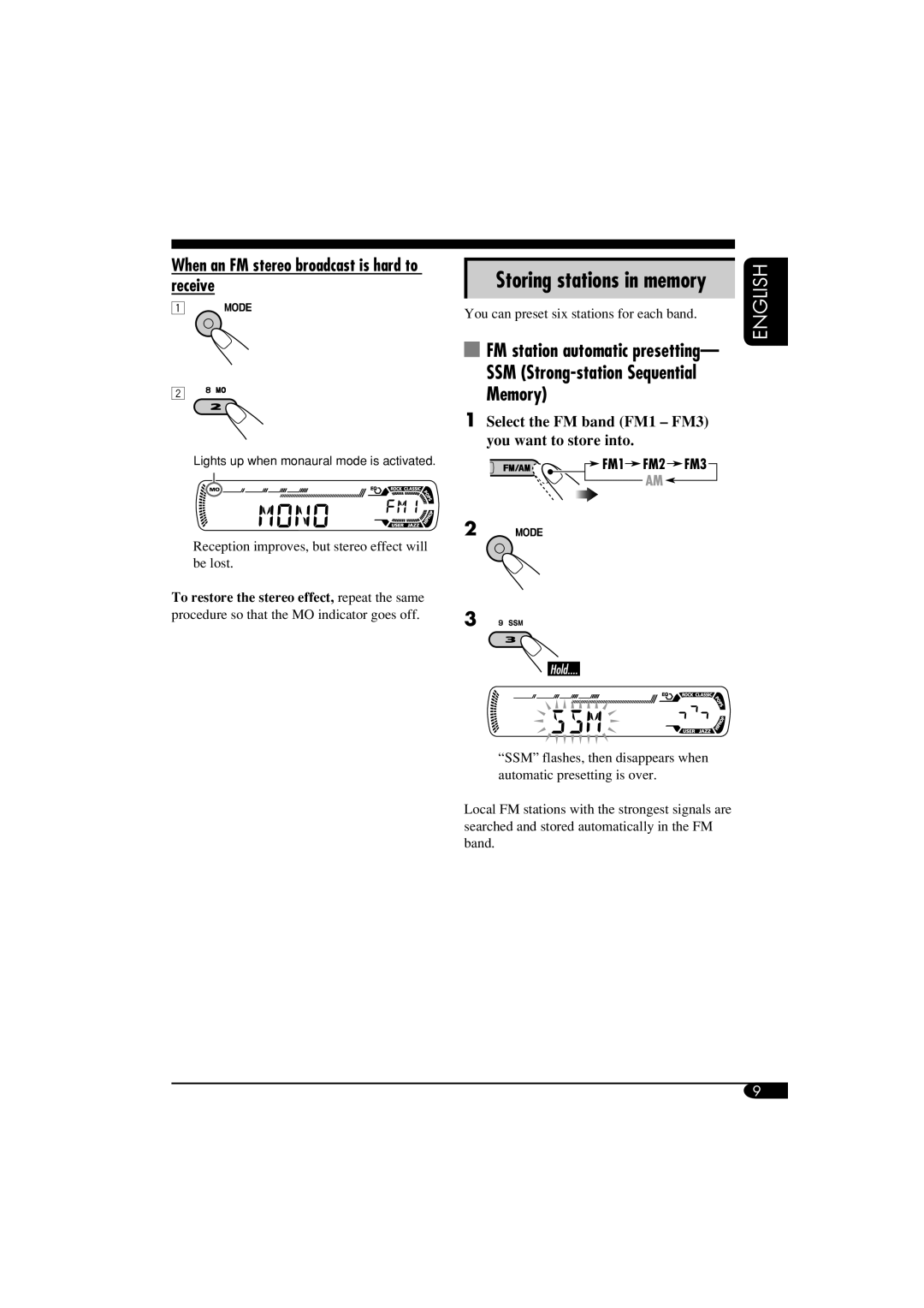 JVC GET0260-003B manual When an FM stereo broadcast is hard to receive, Storing stations in memory 