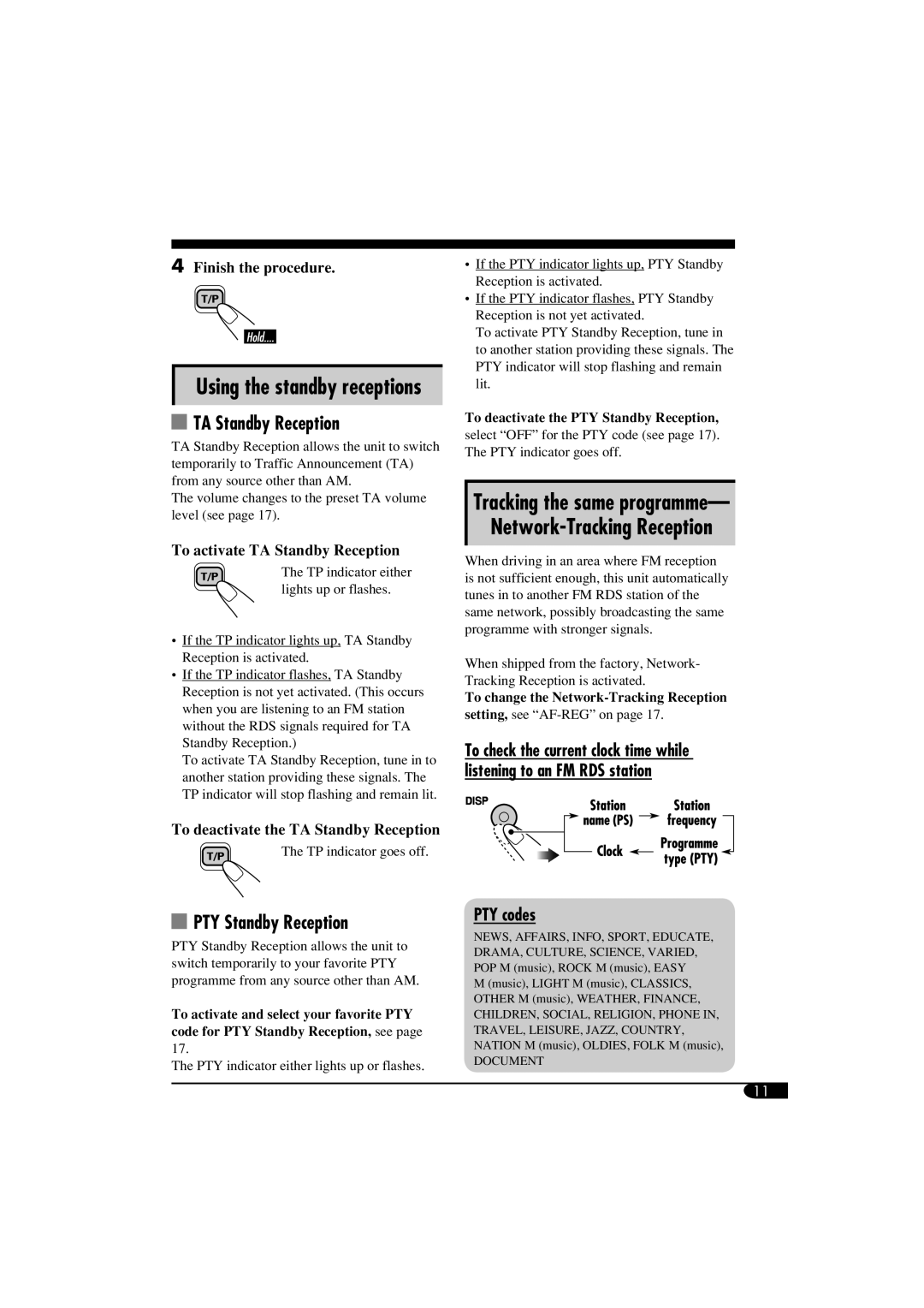 JVC GET0260-015A Using the standby receptions, Tracking the same programme, TA Standby Reception, PTY Standby Reception 