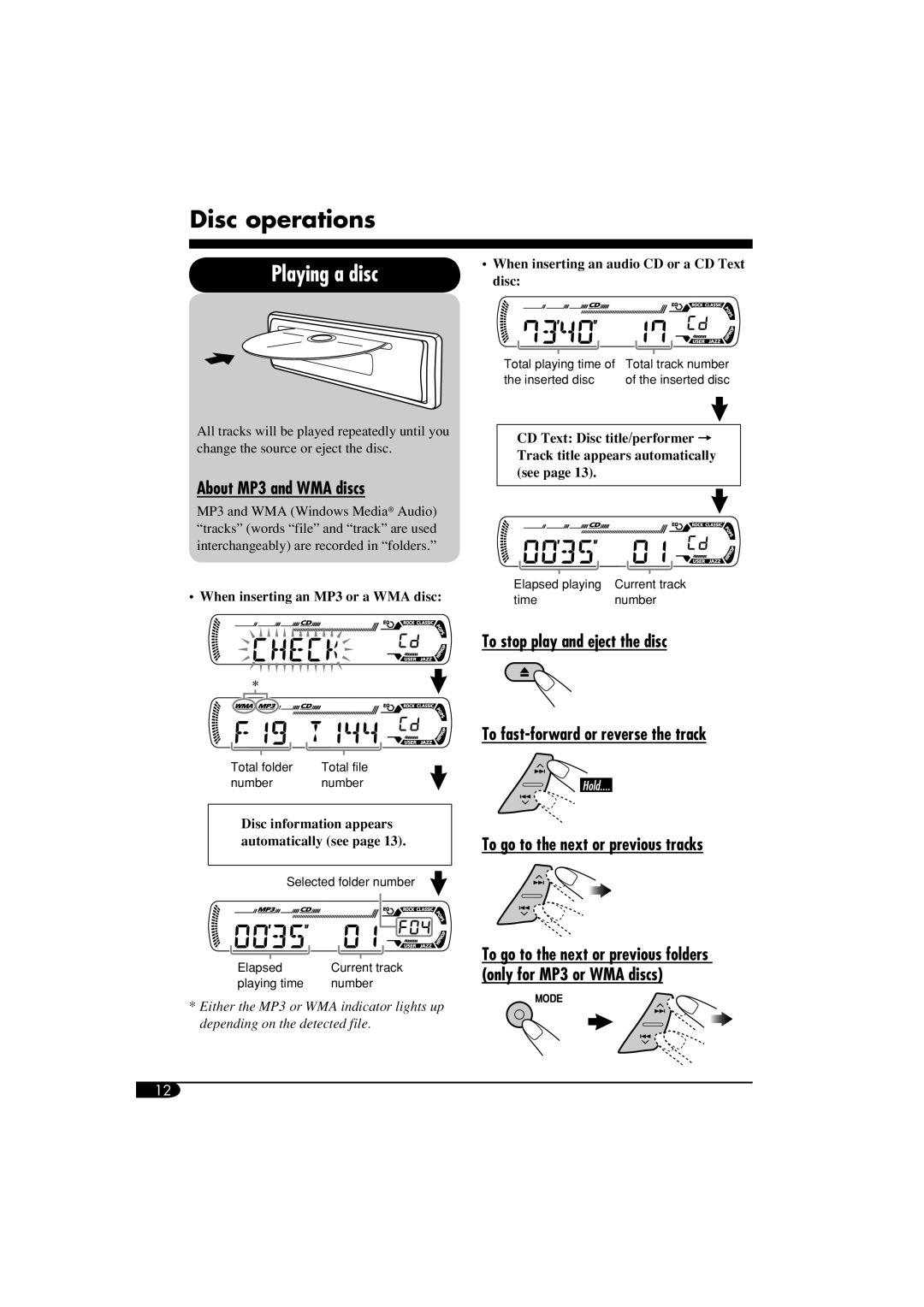 JVC GET0260-015A manual Disc operations, Playing a disc, About MP3 and WMA discs 