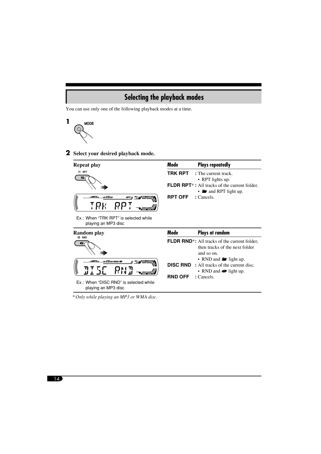 JVC GET0260-015A manual Selecting the playback modes, Mode Plays repeatedly, Mode Plays at random 