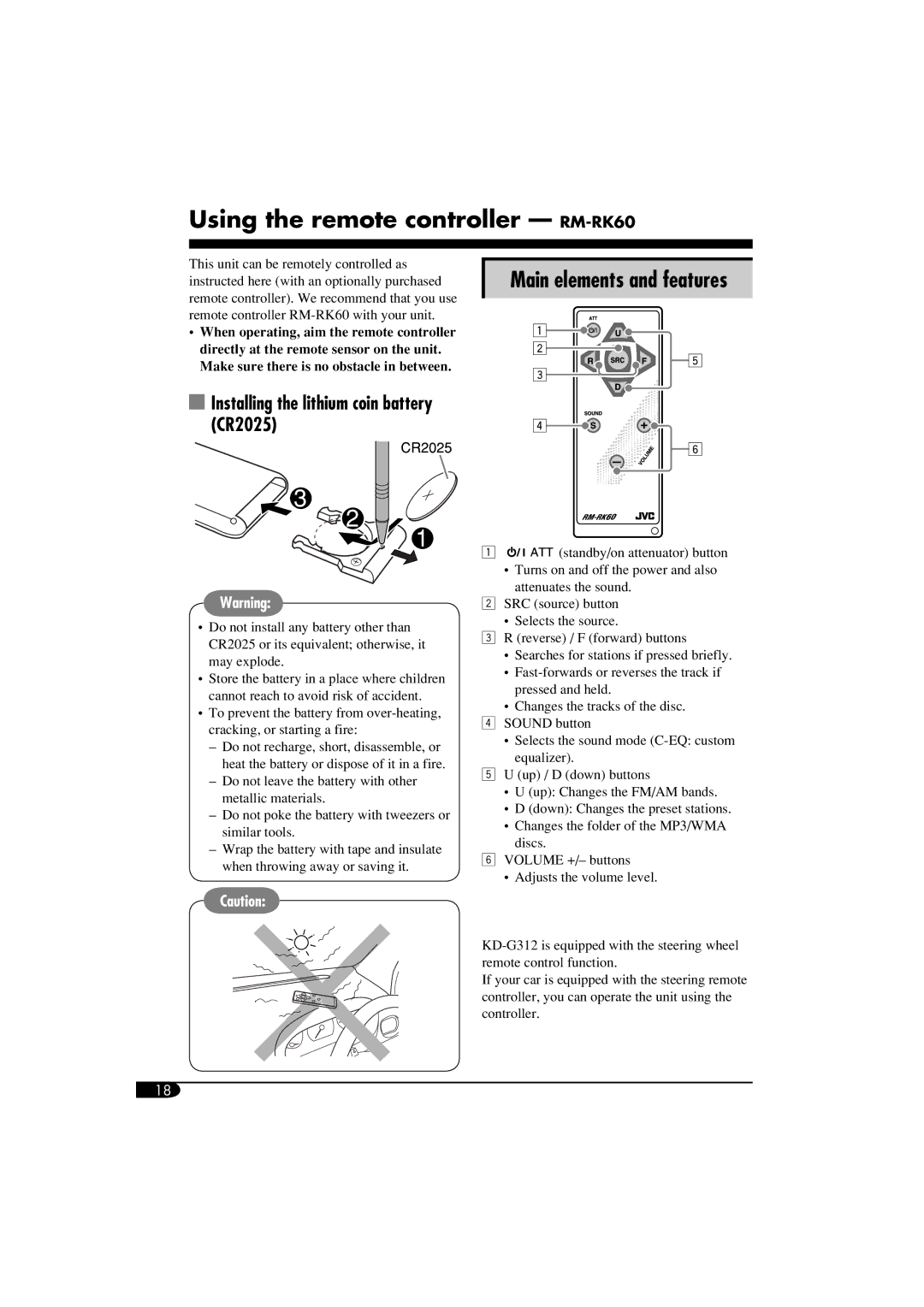 JVC GET0260-015A manual Using the remote controller RM-RK60, Main elements and features 