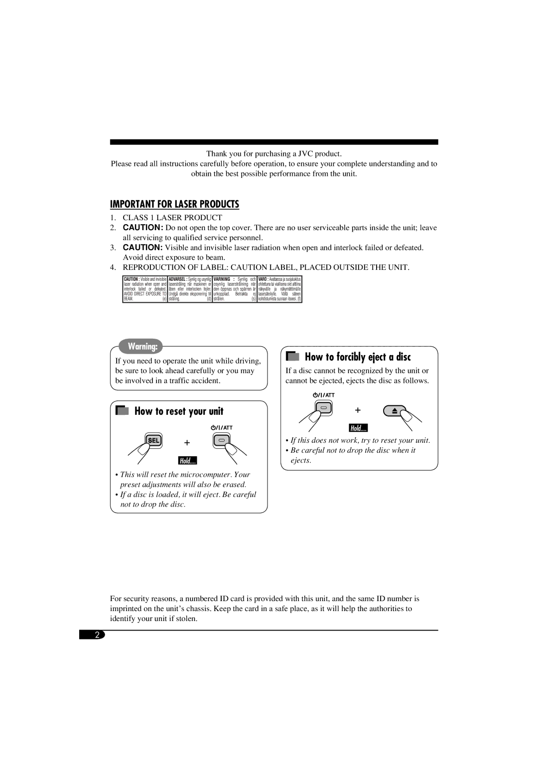 JVC GET0260-015A manual How to forcibly eject a disc, How to reset your unit 