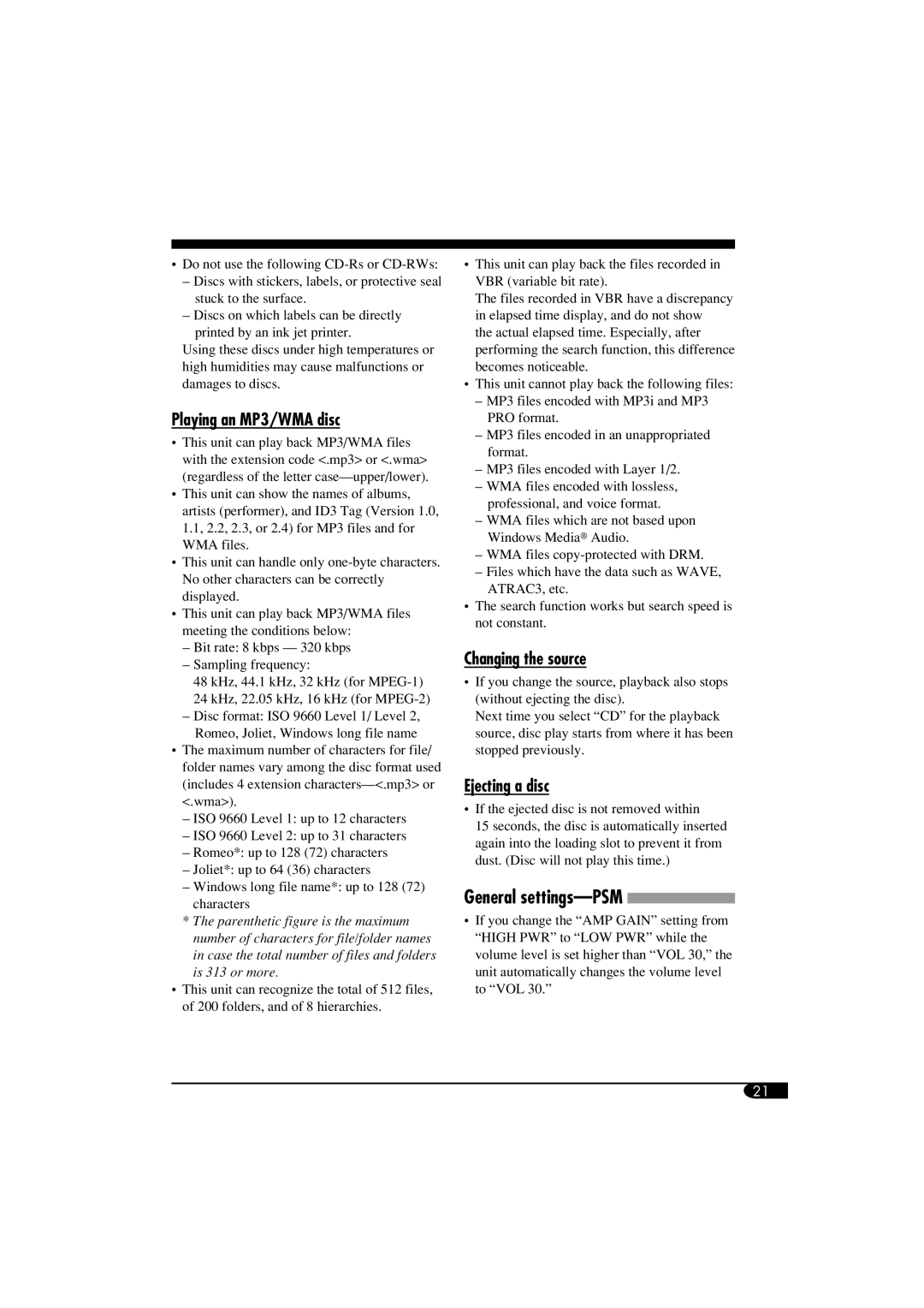 JVC GET0260-015A manual General settings-PSM, Playing an MP3/WMA disc, Changing the source, Ejecting a disc 