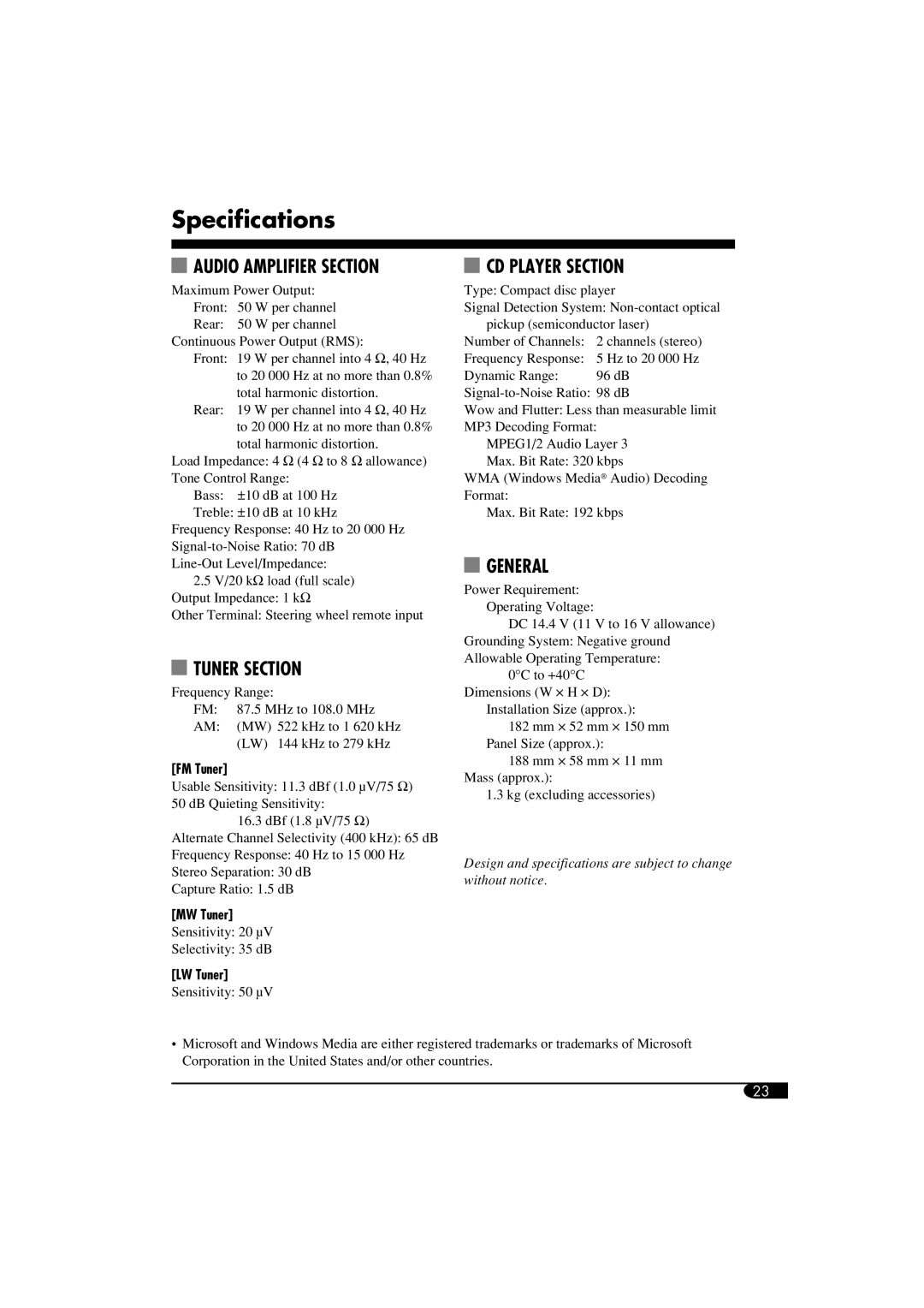 JVC GET0260-015A manual Specifications, Audio Amplifier Section 