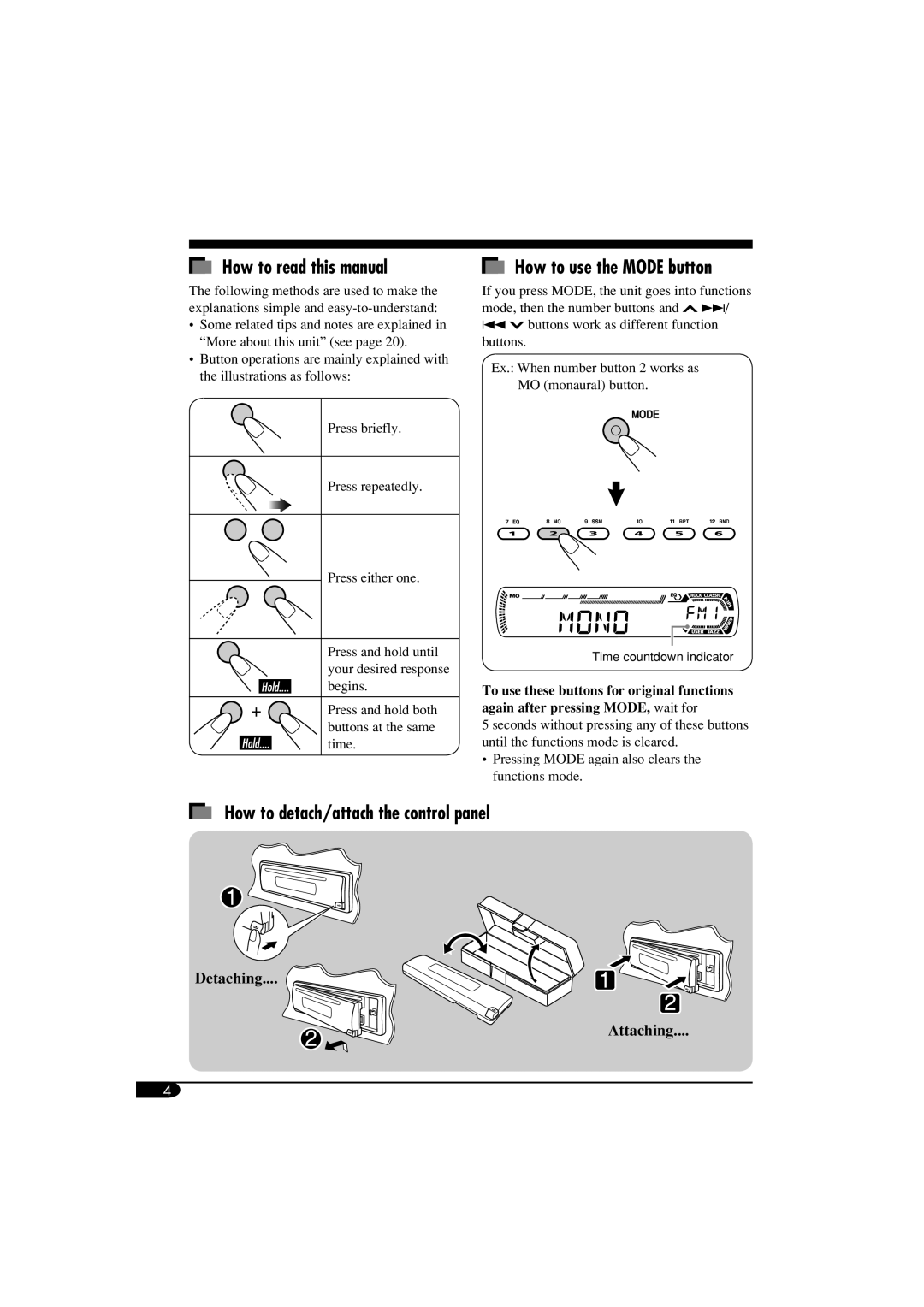 JVC GET0260-015A How to read this manual, How to use the Mode button, How to detach/attach the control panel 