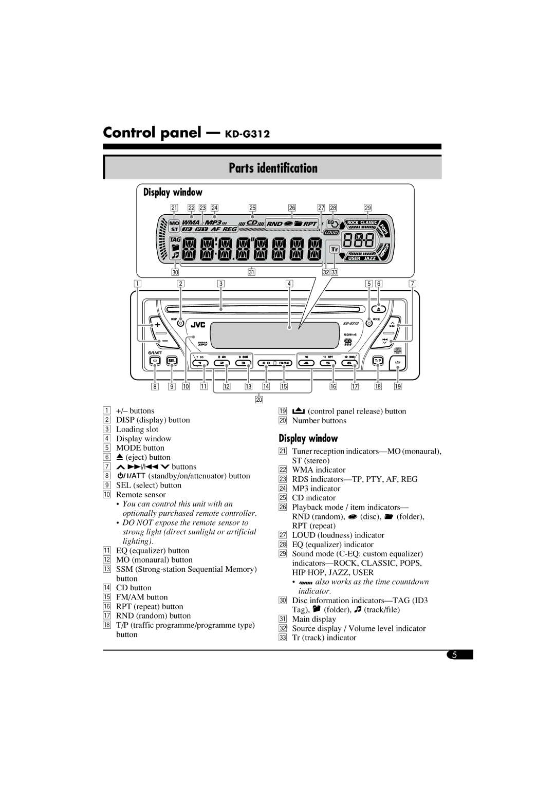 JVC GET0260-015A manual Control panel KD-G312, Parts identification, Display window 