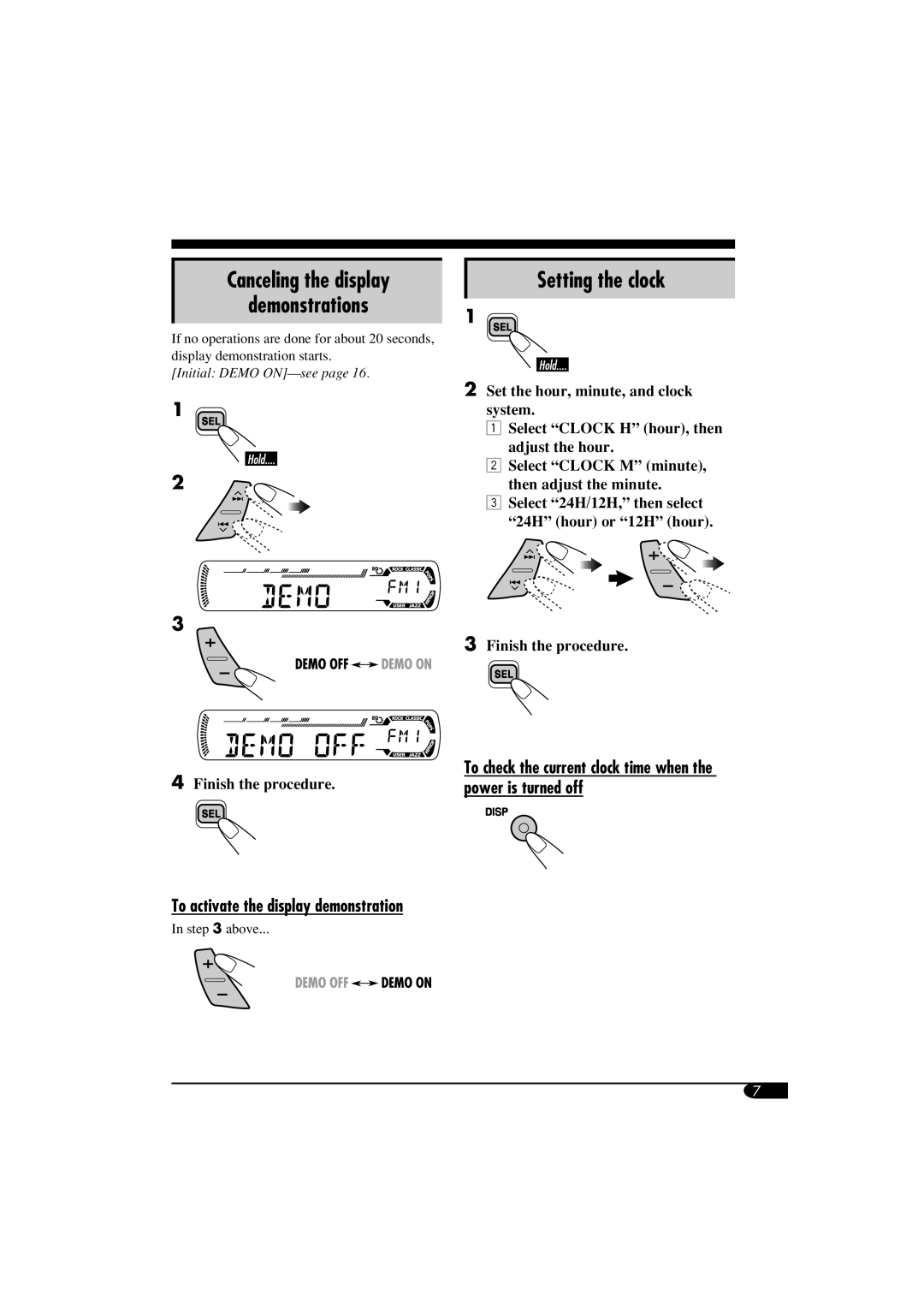 JVC GET0260-015A manual Canceling the display Demonstrations, Setting the clock, To activate the display demonstration 