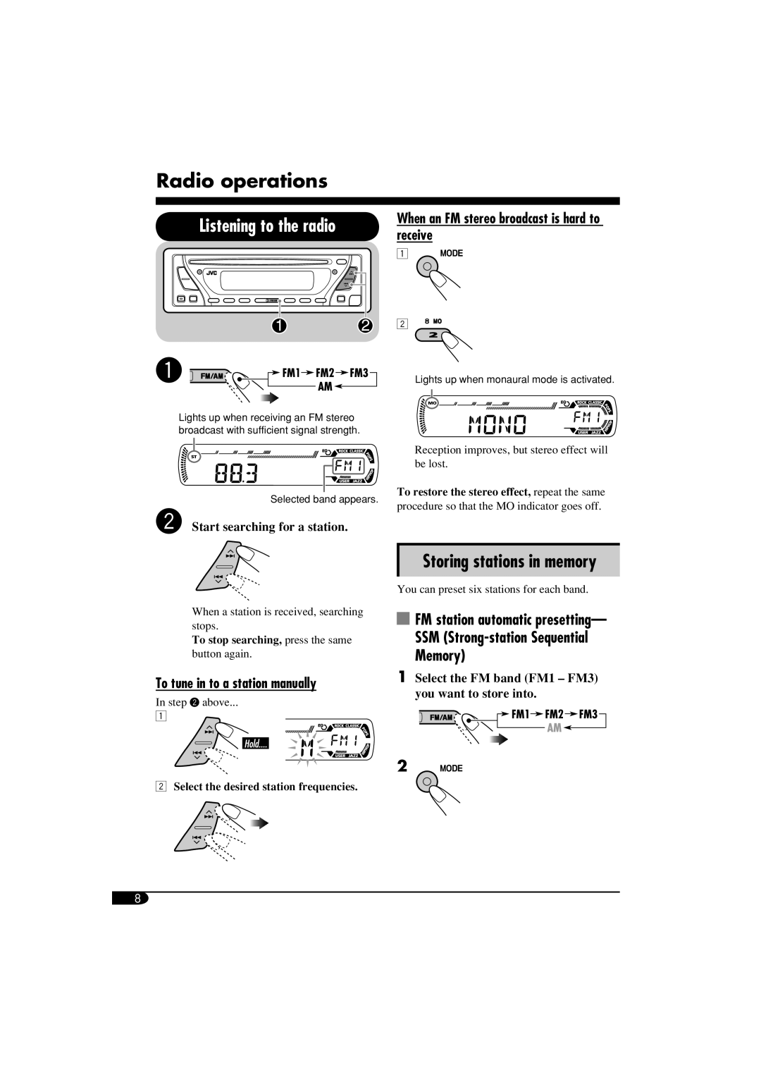 JVC GET0260-015A manual Radio operations, Listening to the radio, Storing stations in memory 