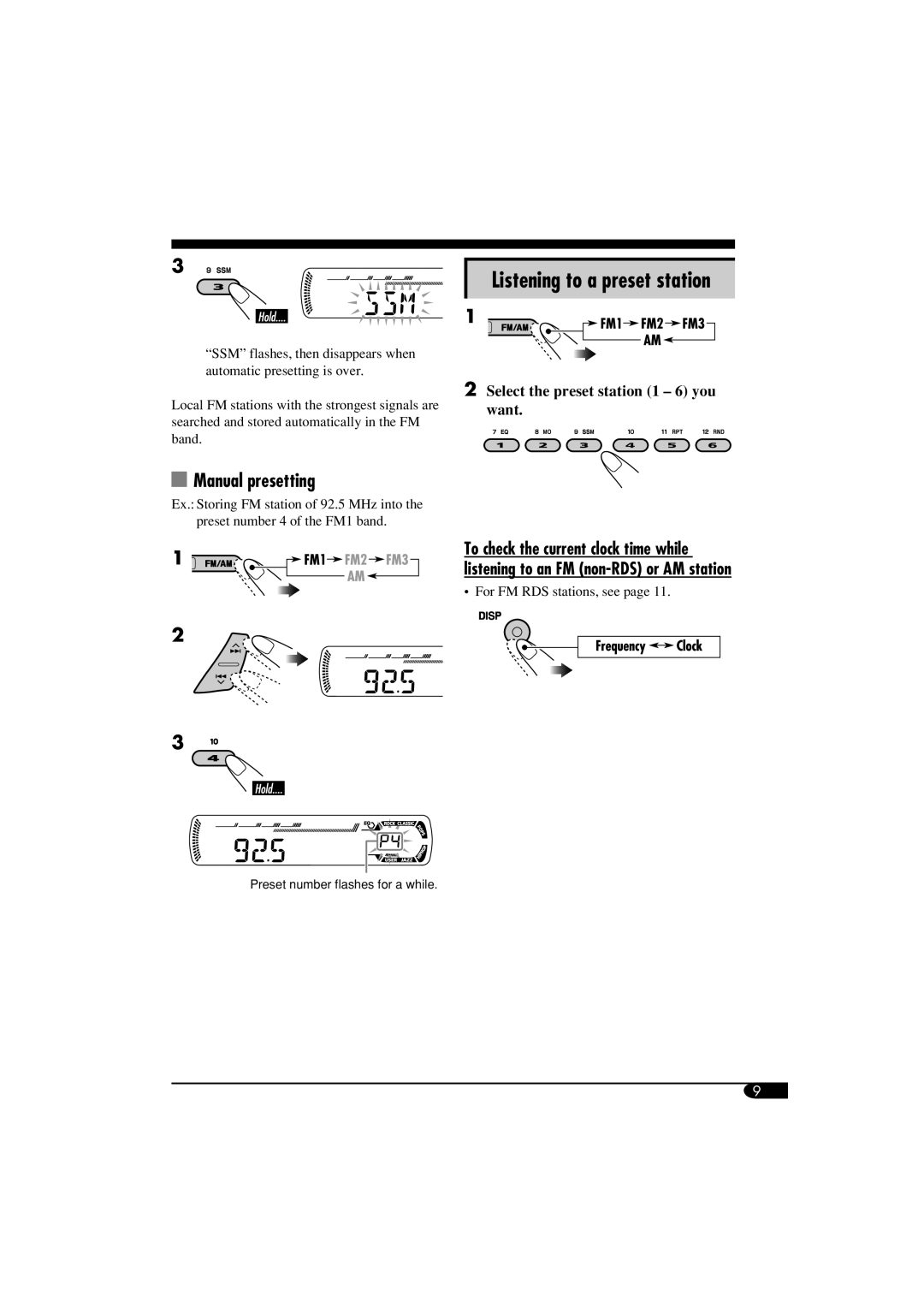 JVC GET0260-015A manual Listening to a preset station, Manual presetting 