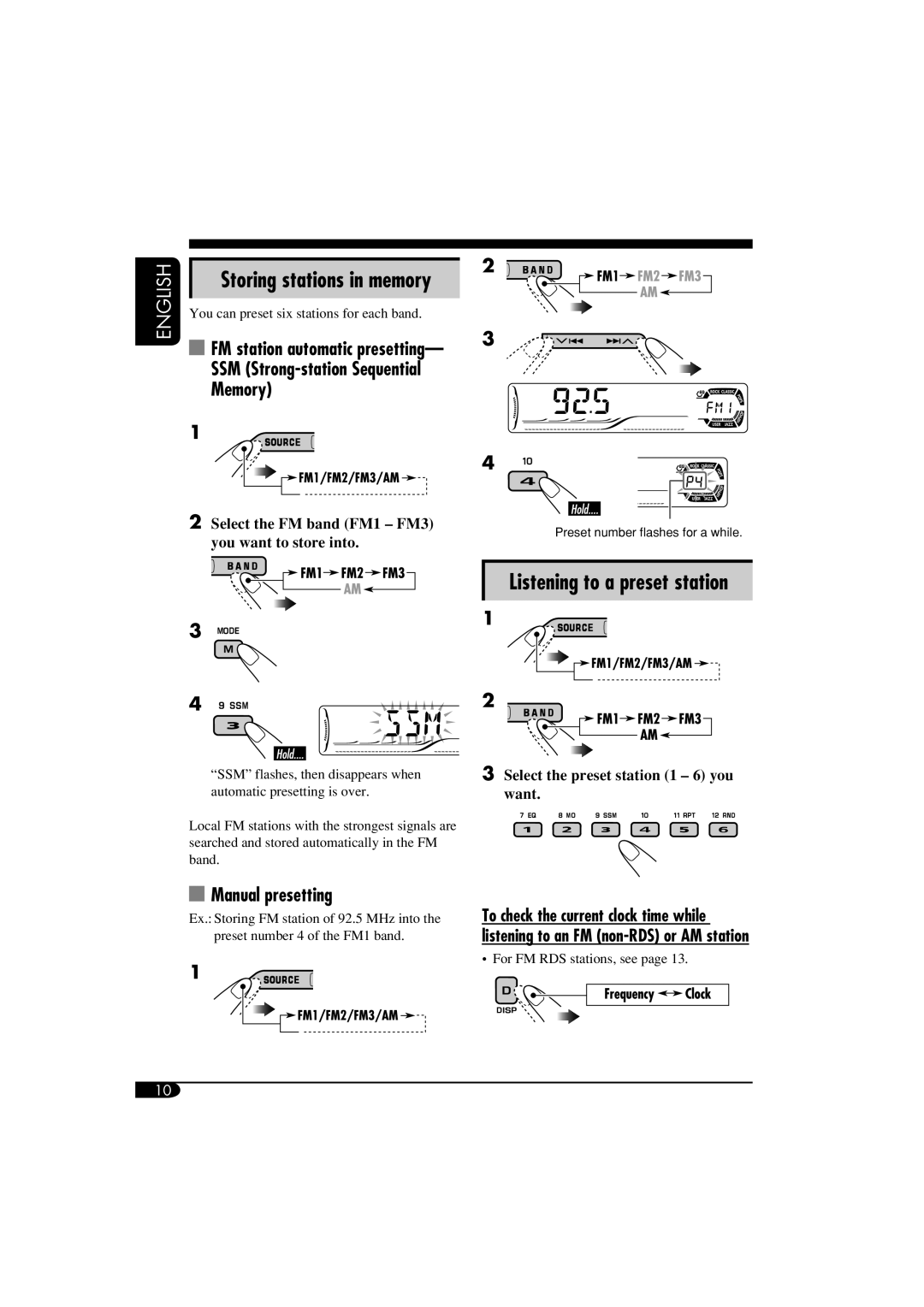 JVC GET0266-003A manual SSM Strong-station Sequential Memory, Manual presetting, FM station automatic presetting 