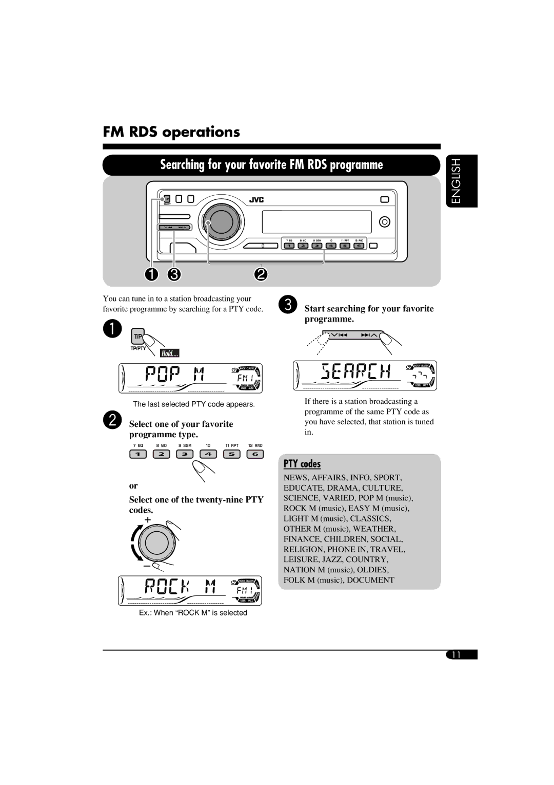 JVC GET0266-003A manual FM RDS operations, PTY codes 