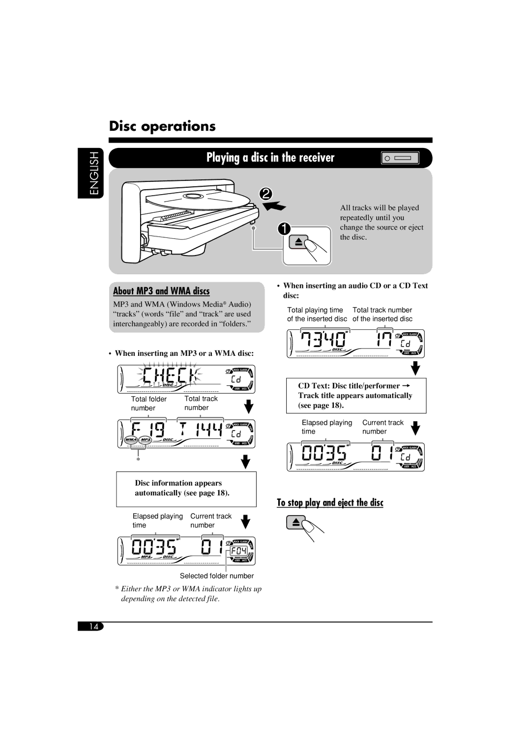 JVC GET0266-003A manual Disc operations, About MP3 and WMA discs, To stop play and eject the disc 