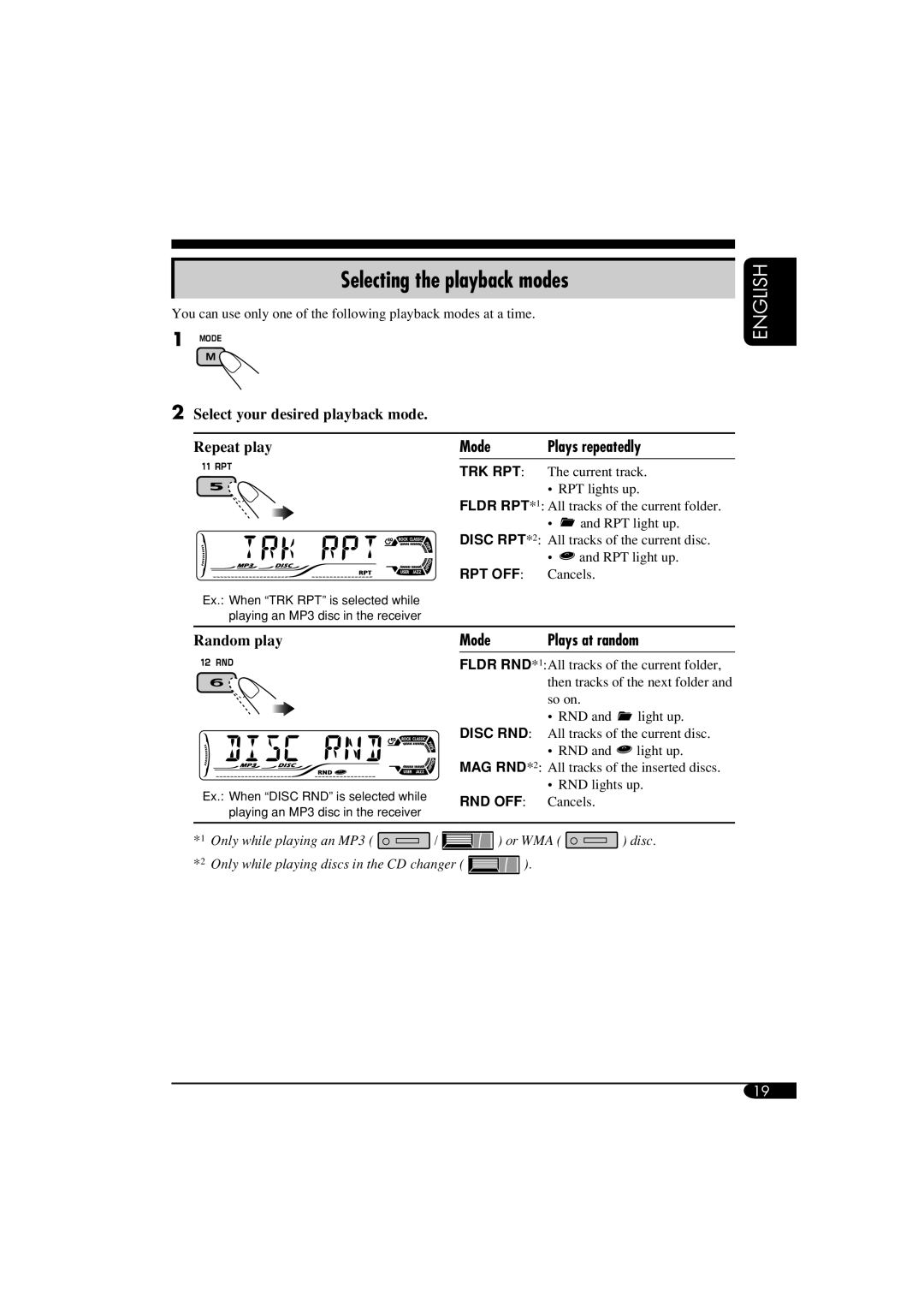 JVC GET0266-003A manual Mode Plays repeatedly, Mode Plays at random 