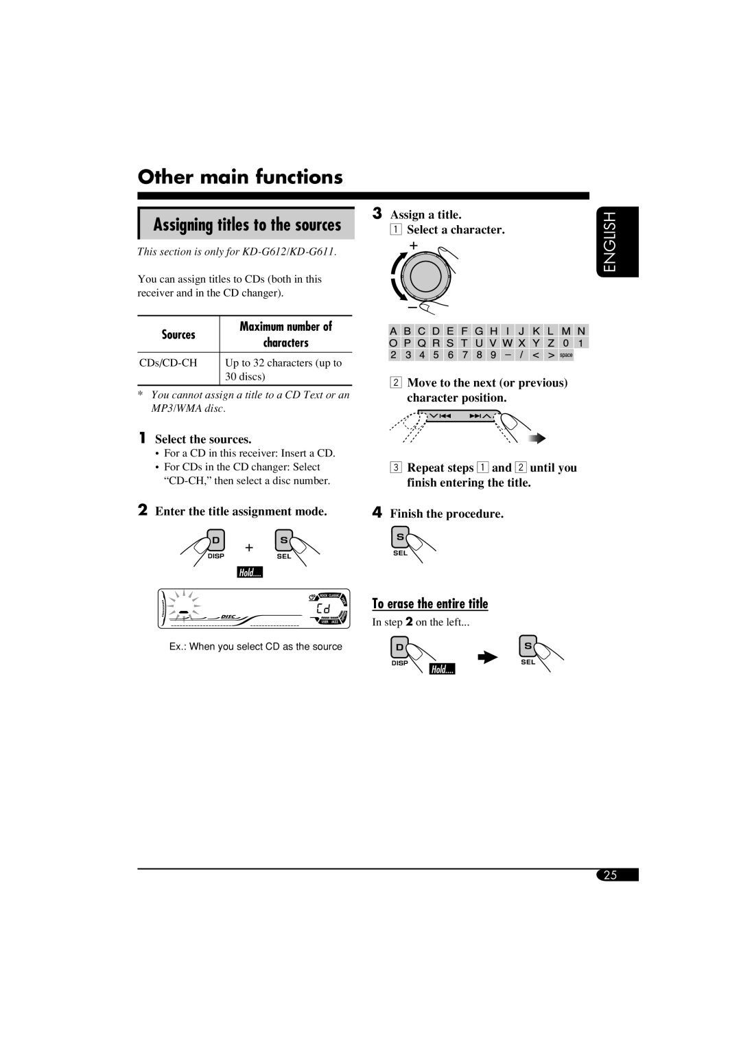 JVC GET0266-003A manual Other main functions, Assigning titles to the sources, To erase the entire title, Sources 