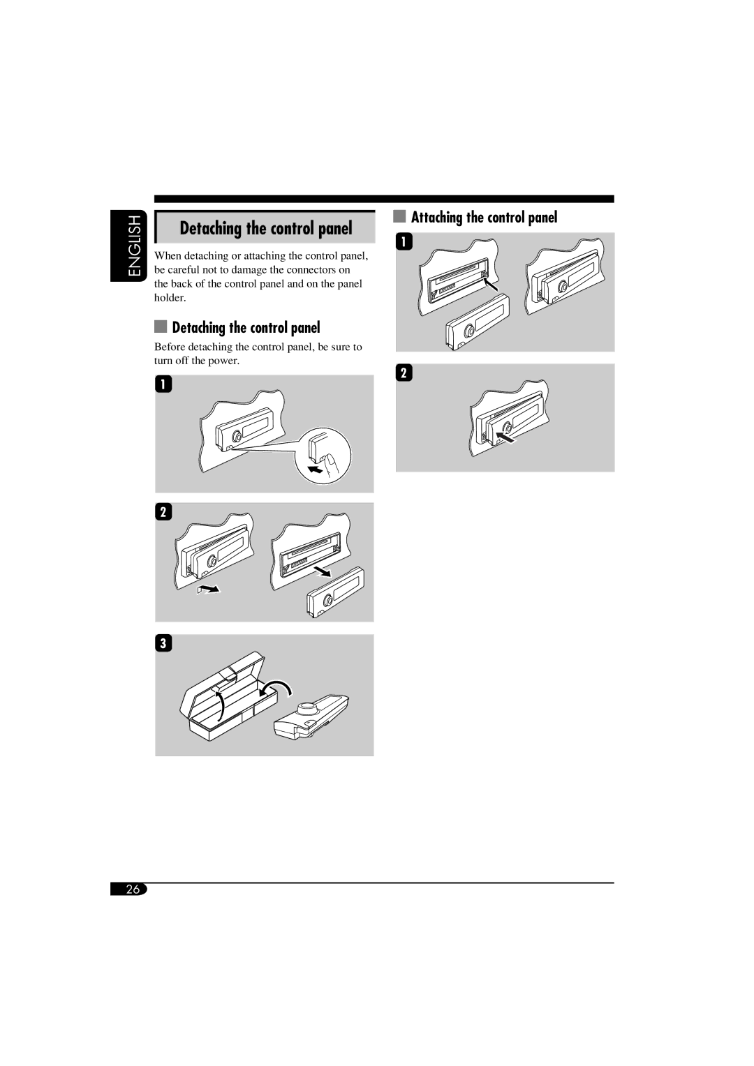 JVC GET0266-003A manual Attaching the control panel, Detaching the control panel 