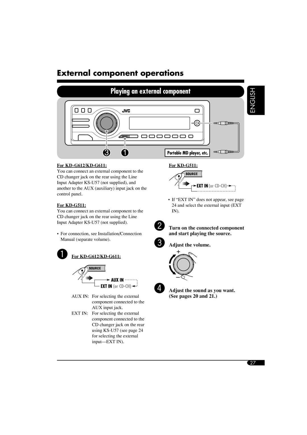 JVC GET0266-003A manual External component operations, Playing an external component 