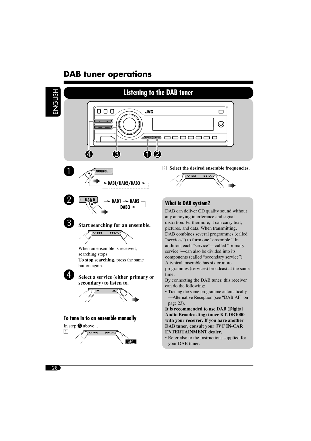 JVC GET0266-003A DAB tuner operations, To tune in to an ensemble manually, What is DAB system? 