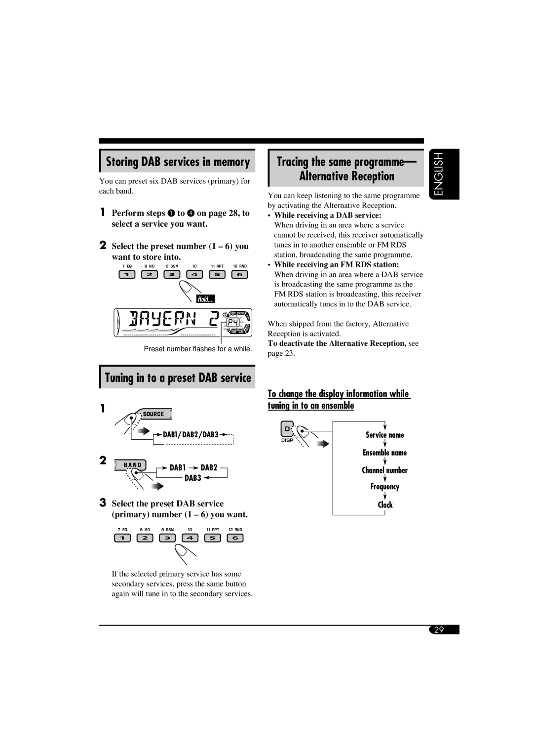 JVC GET0266-003A manual Storing DAB services in memory, Tracing the same programme, Tuning in to a preset DAB service 