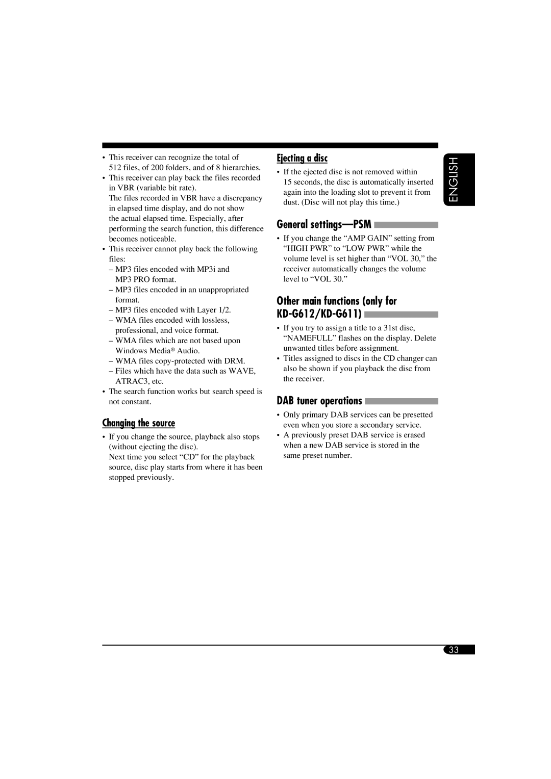 JVC GET0266-003A Changing the source, Ejecting a disc, General settings-PSM, Other main functions only for KD-G612/KD-G611 