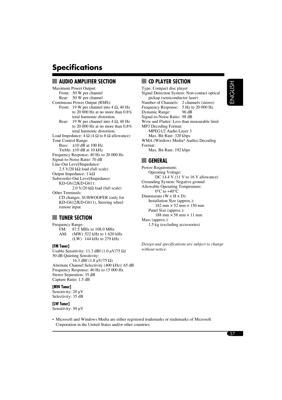 JVC GET0266-003A manual Specifications, Audio Amplifier Section 