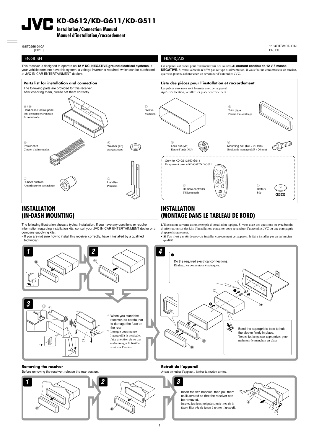 JVC GET0266-003A manual Parts list for installation and connection, Liste des pièces pour l’installation et raccordement 