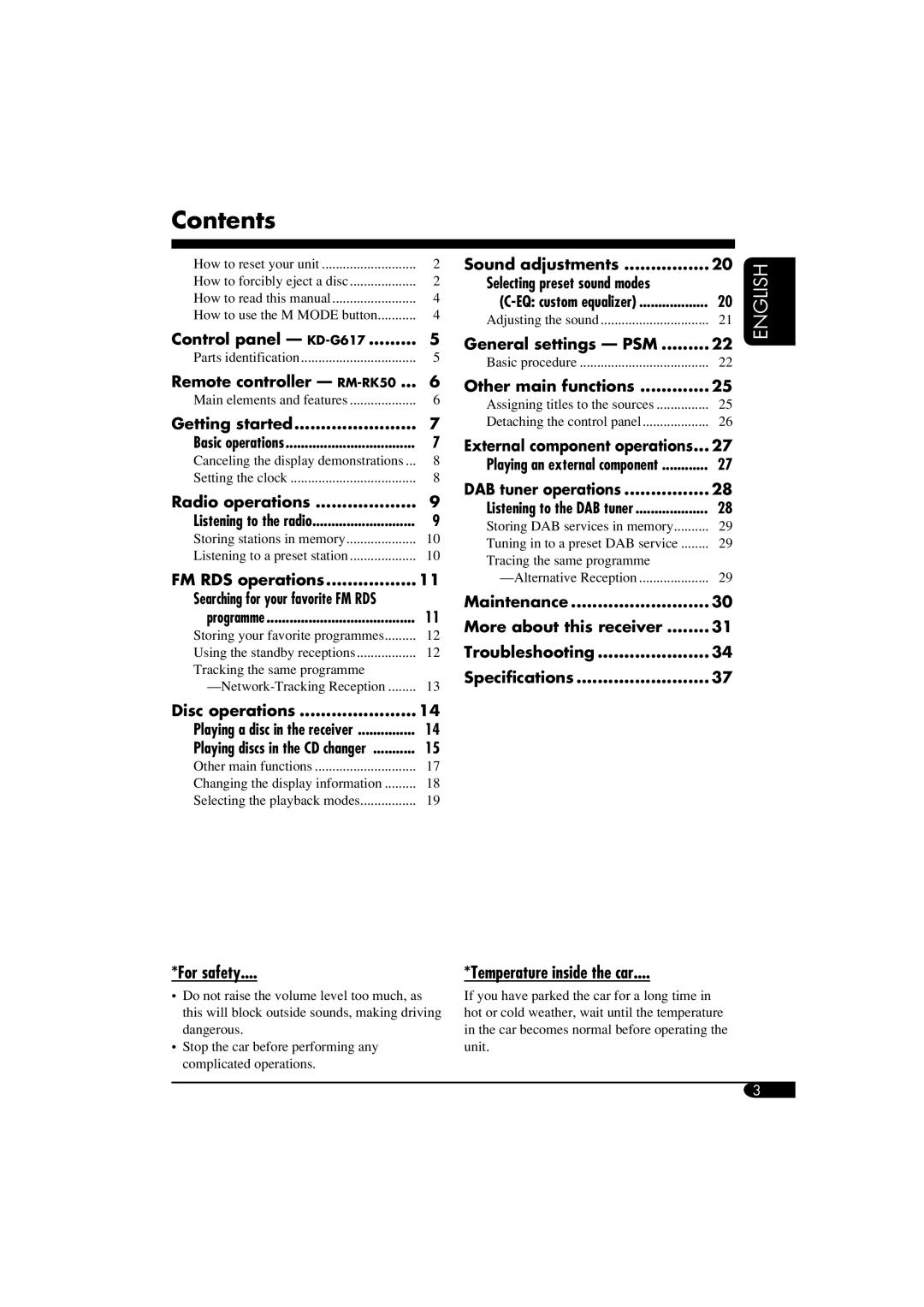 JVC GET0266-003A manual Contents, Control panel KD-G617 