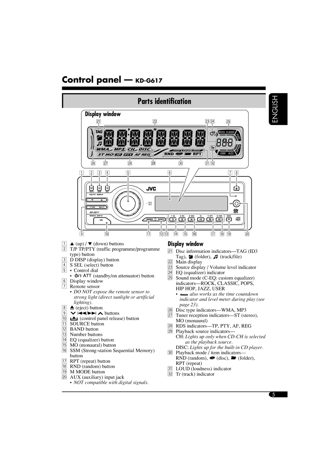 JVC GET0266-003A manual Control panel KD-G617, Display window 