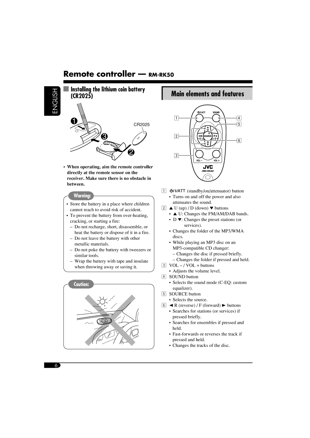 JVC GET0266-003A manual Installing the lithium coin battery, CR2025, Main elements and features 