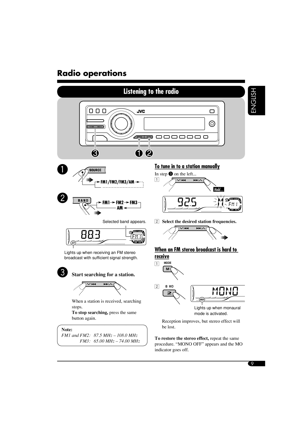 JVC GET0266-003A manual FM1 and FM2 87.5 MHz 108.0 MHz FM3 65.00 MHz 74.00 MHz 