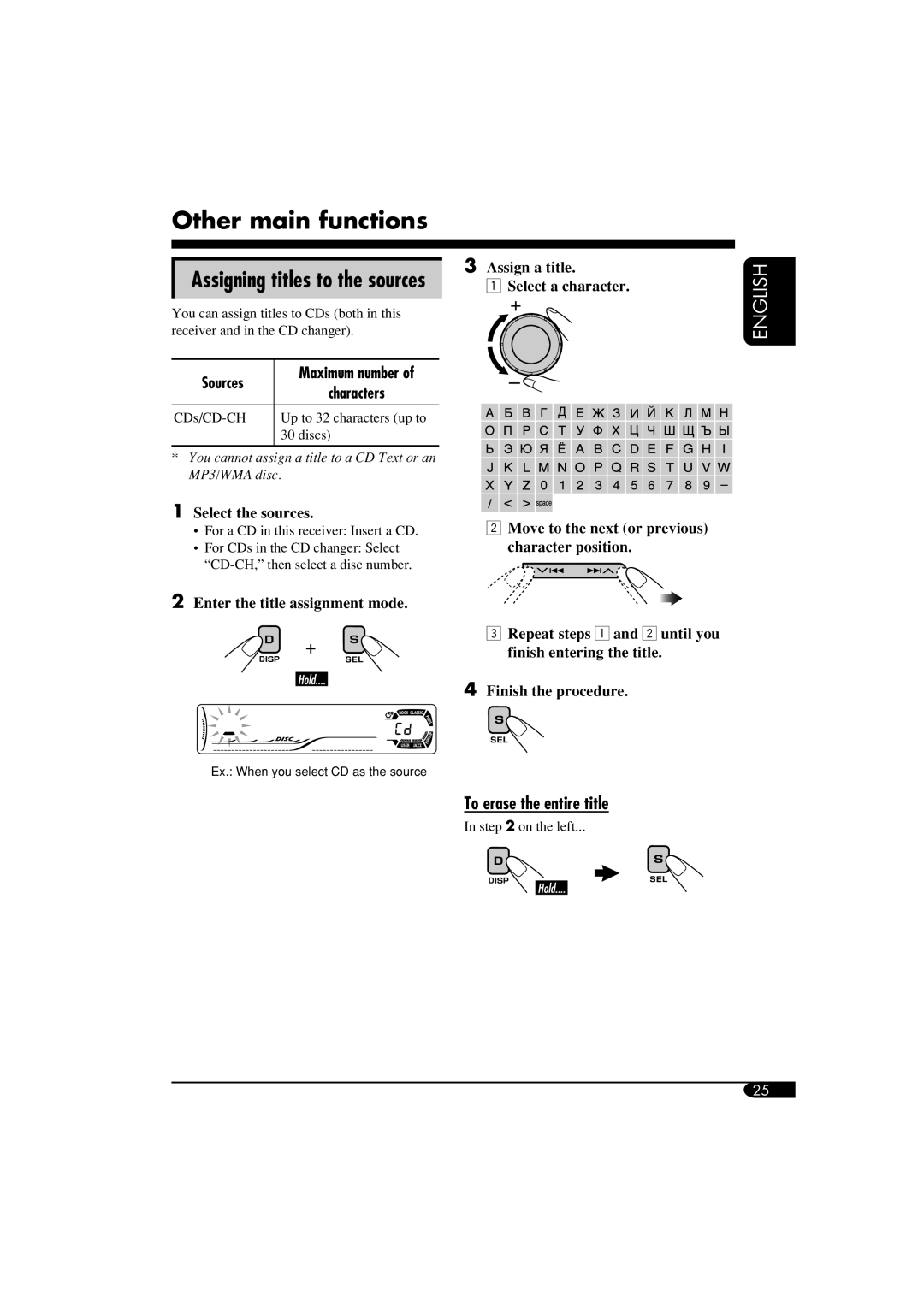 JVC GET0266-003A manual Other main functions, Assigning titles to the sources 