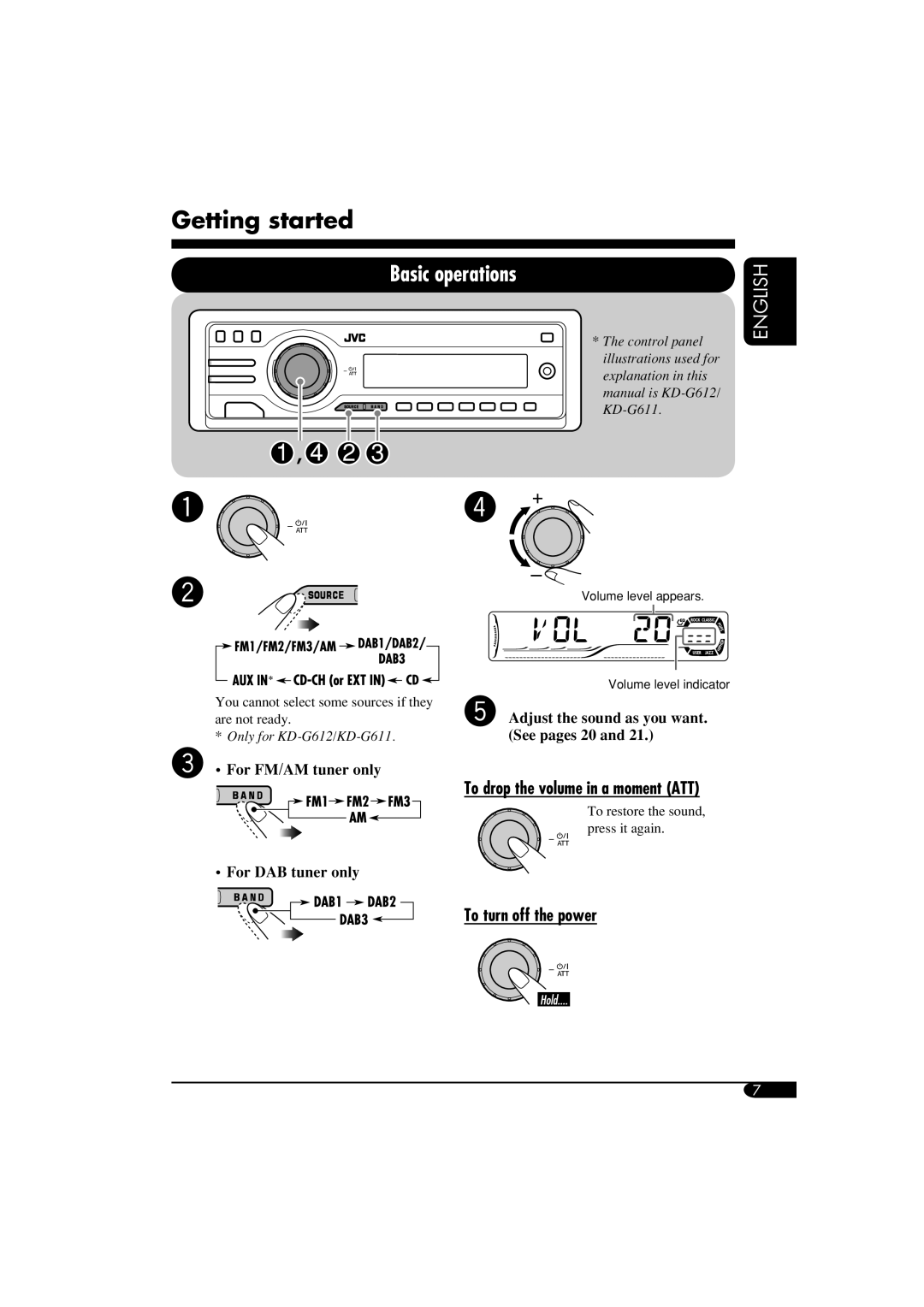 JVC GET0266-003A manual Getting started, To drop the volume in a moment ATT, To turn off the power 