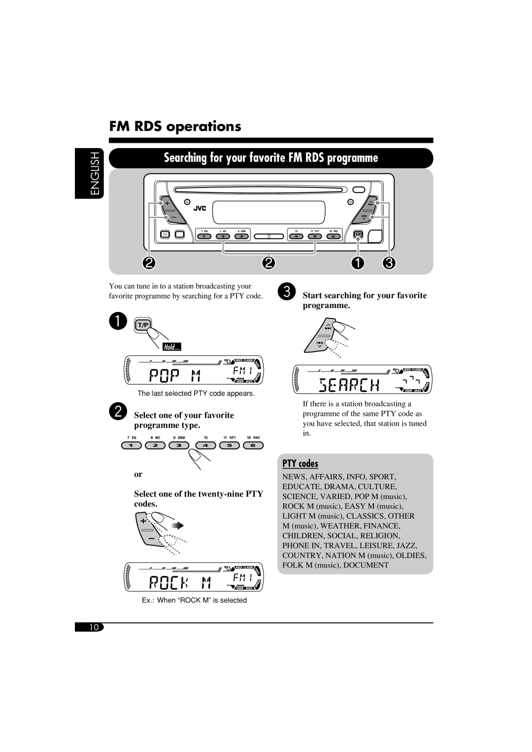 JVC GET0287-003A manual FM RDS operations, PTY codes 