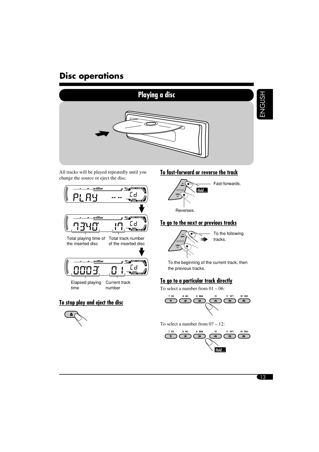 JVC GET0287-003A manual Disc operations, To fast-forward or reverse the track, To stop play and eject the disc 