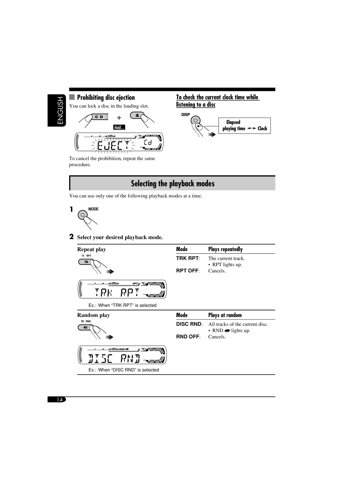 JVC GET0287-003A Selecting the playback modes, Prohibiting disc ejection, Mode Plays repeatedly, Mode Plays at random 