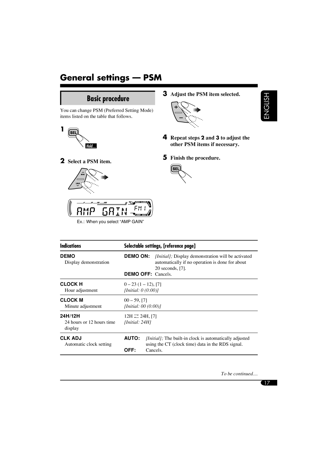 JVC GET0287-003A manual General settings PSM, Basic procedure 