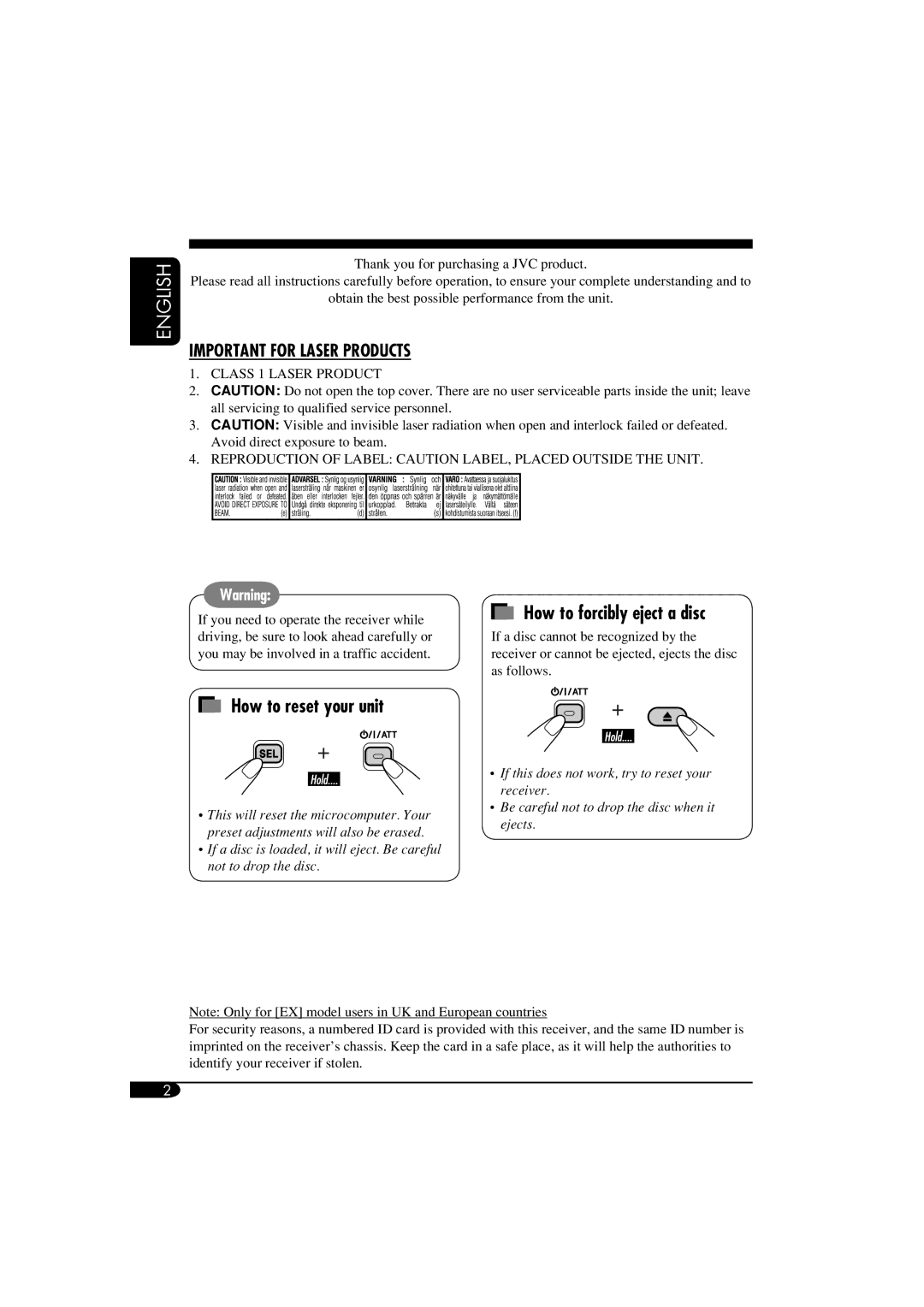 JVC GET0287-003A manual How to forcibly eject a disc, How to reset your unit 