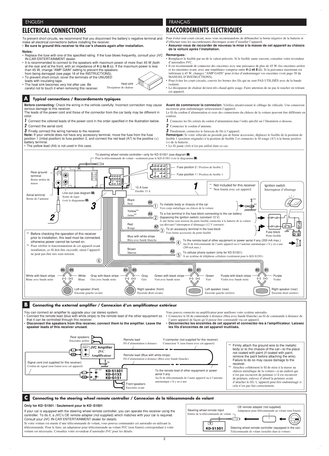 JVC GET0287-003A manual Electrical Connections, Typical connections / Raccordements typiques 