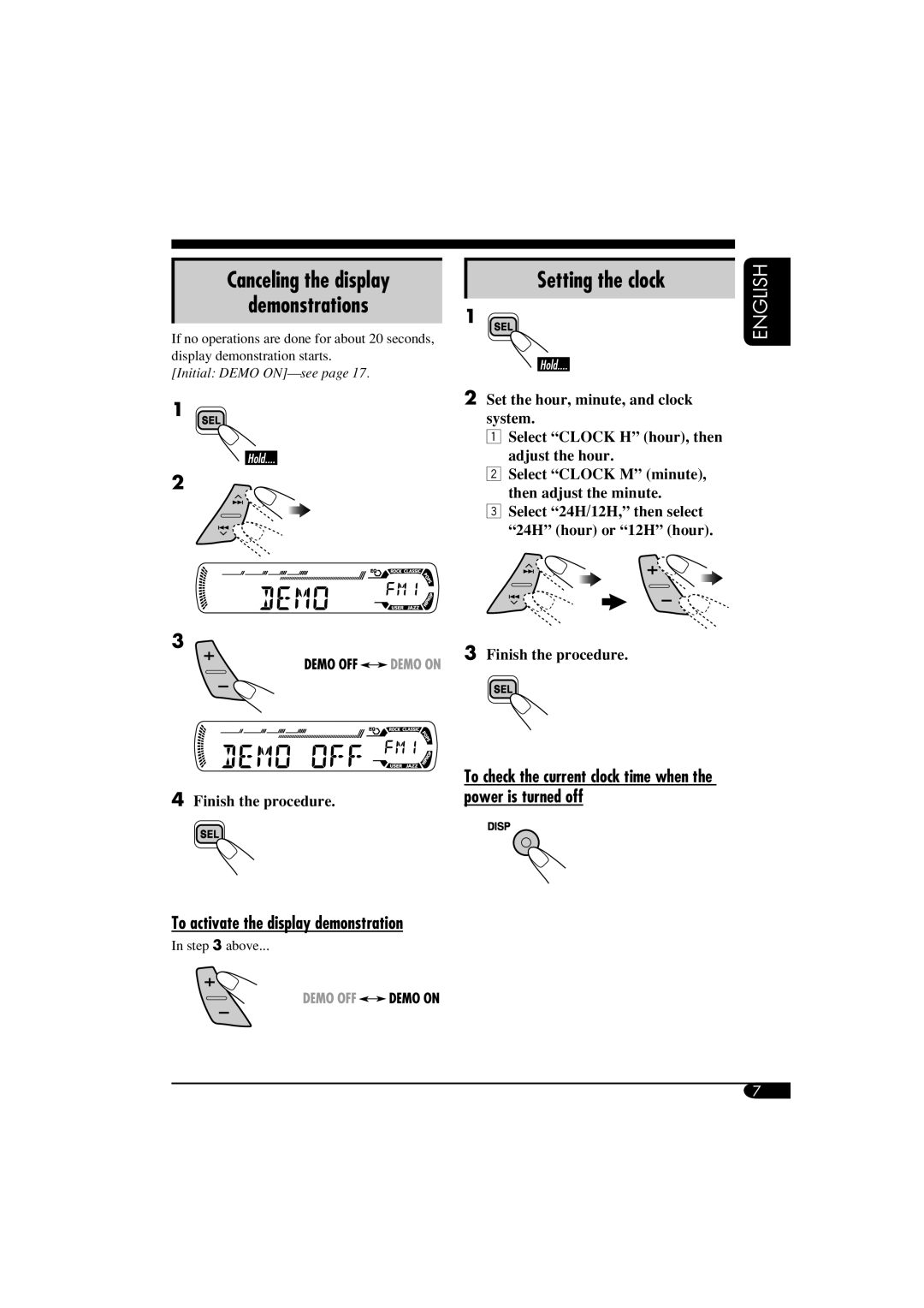 JVC GET0287-003A manual Canceling the display Demonstrations, Setting the clock, To activate the display demonstration 