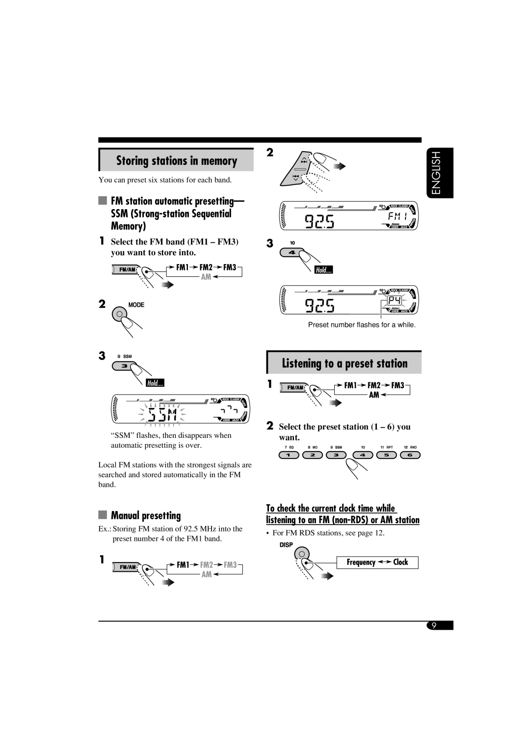 JVC GET0287-003A manual Listening to a preset station, SSM Strong-station Sequential Memory, Manual presetting 