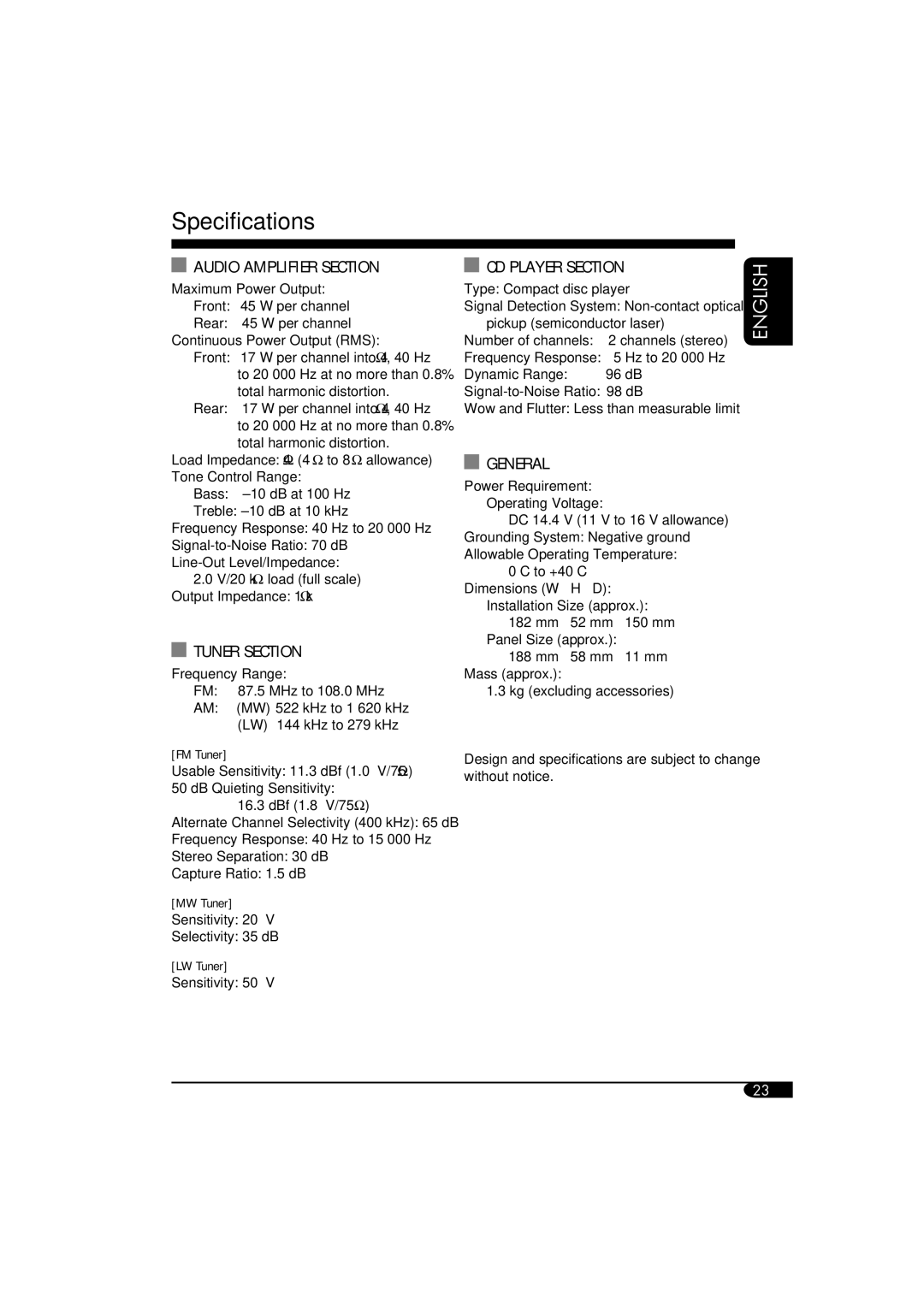 JVC KD-G153, GET0287-003B manual Specifications, Audio Amplifier Section 