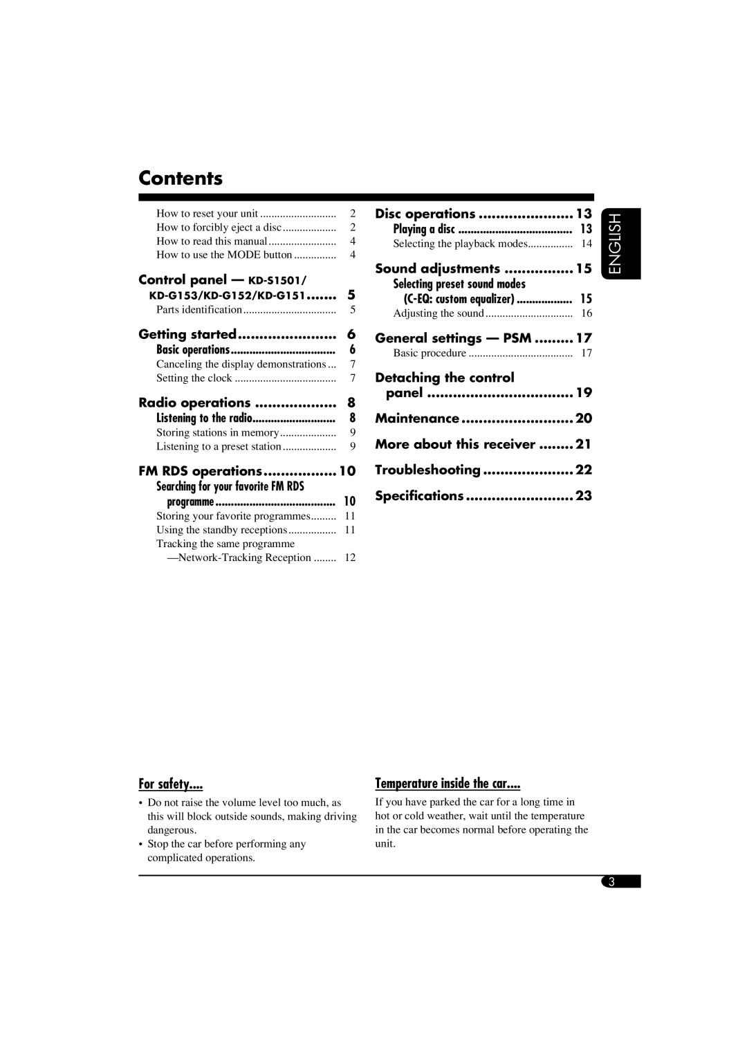 JVC KD-G153, GET0287-003B manual Contents 