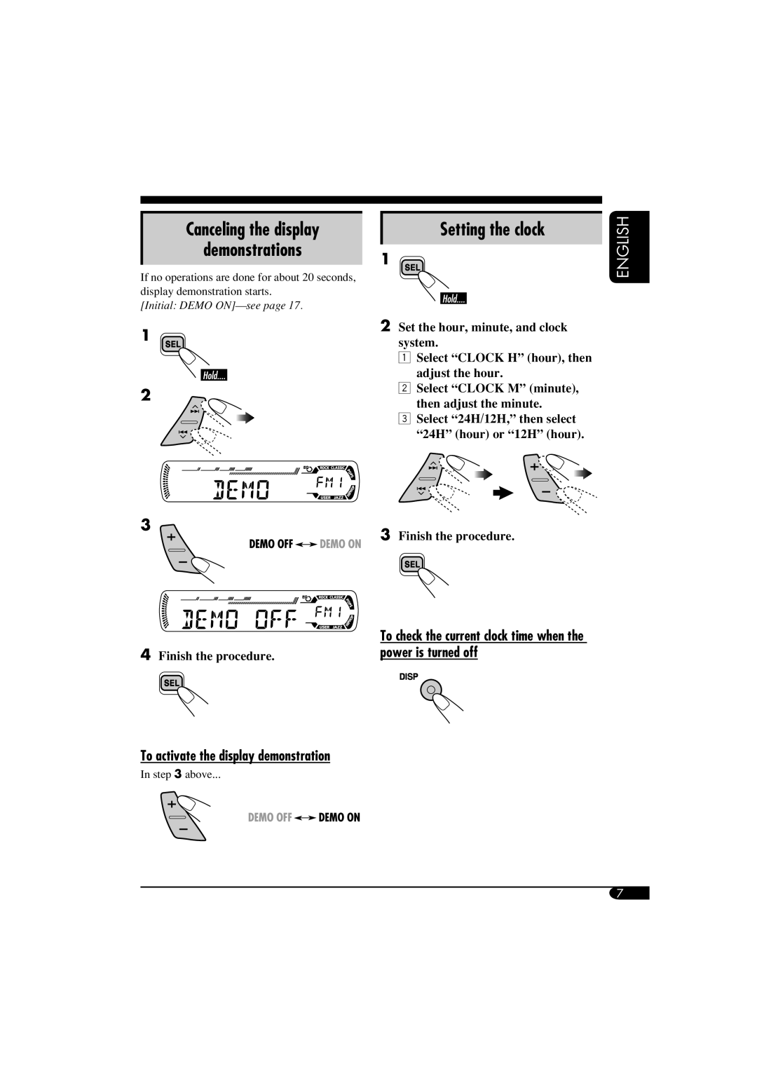 JVC KD-G153, GET0287-003B Canceling the display Demonstrations, Setting the clock, To activate the display demonstration 