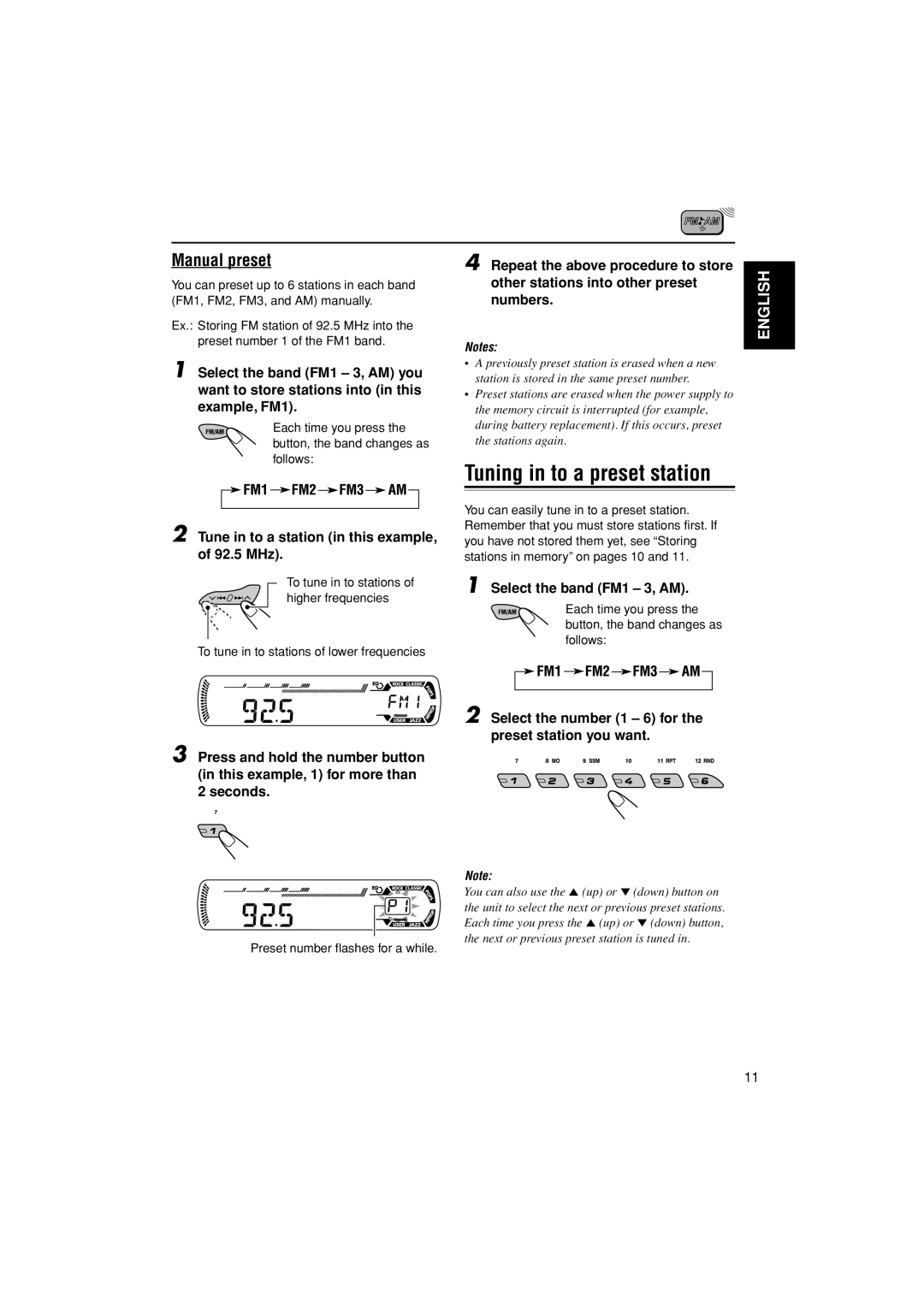 JVC KD-G456, GET0291-001A, GET0291-002A manual Manual preset, Tune in to a station in this example, of 92.5 MHz 